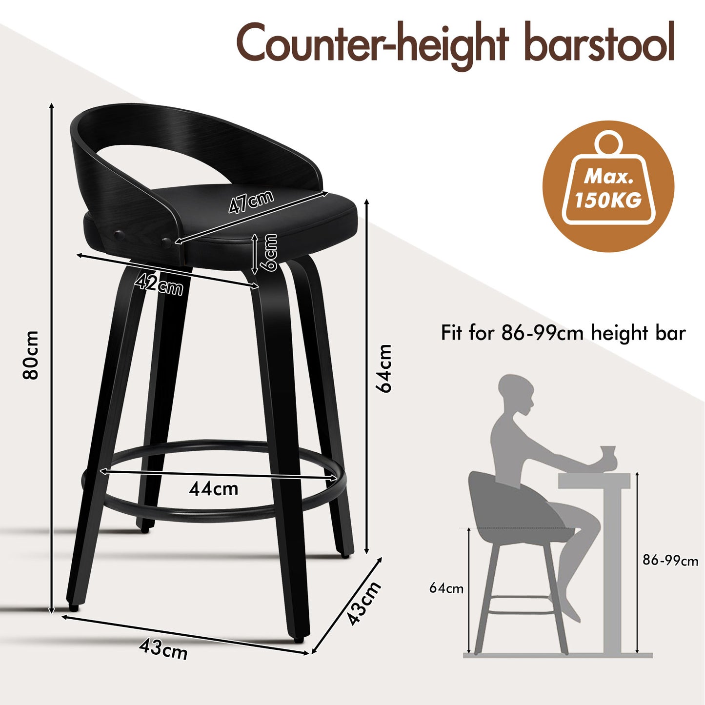 ALFORDSON 2x Swivel Bar Stools Caden Kitchen Wooden Dining Chair ALL BLACK