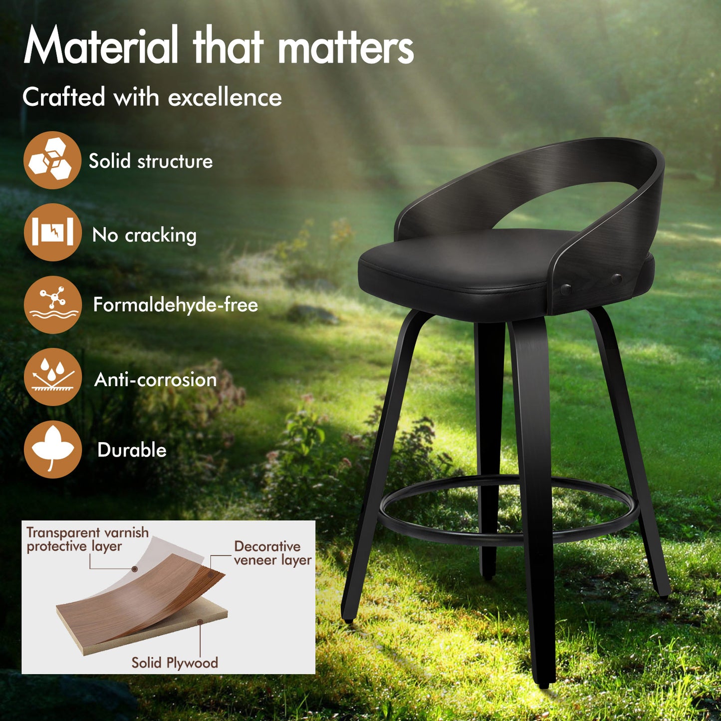 ALFORDSON 2x Swivel Bar Stools Caden Kitchen Wooden Dining Chair ALL BLACK