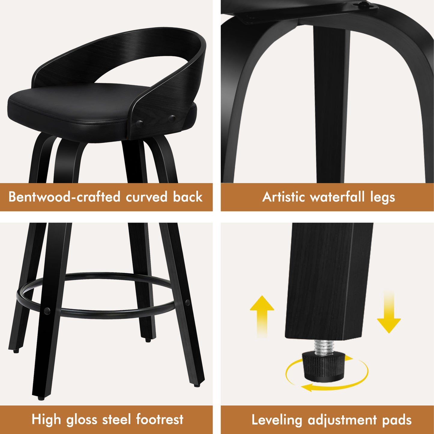 ALFORDSON 2x Swivel Bar Stools Caden Kitchen Wooden Dining Chair ALL BLACK