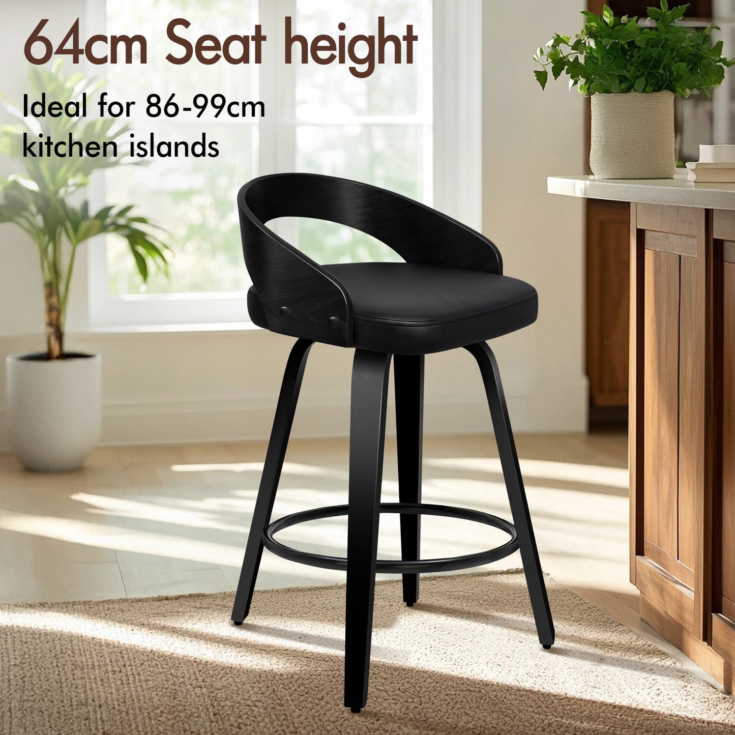 ALFORDSON 2x Swivel Bar Stools Caden Kitchen Wooden Dining Chair ALL BLACK