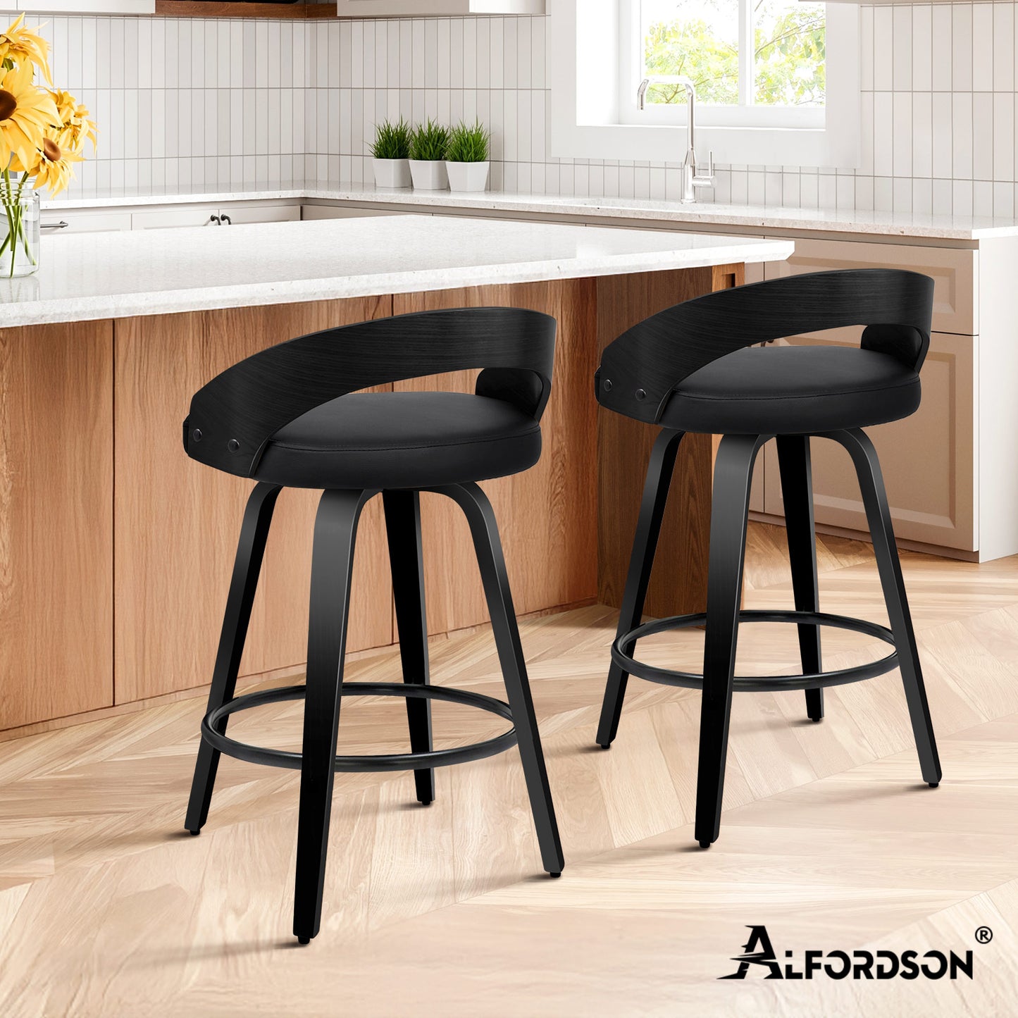 ALFORDSON 2x Swivel Bar Stools Caden Kitchen Wooden Dining Chair ALL BLACK