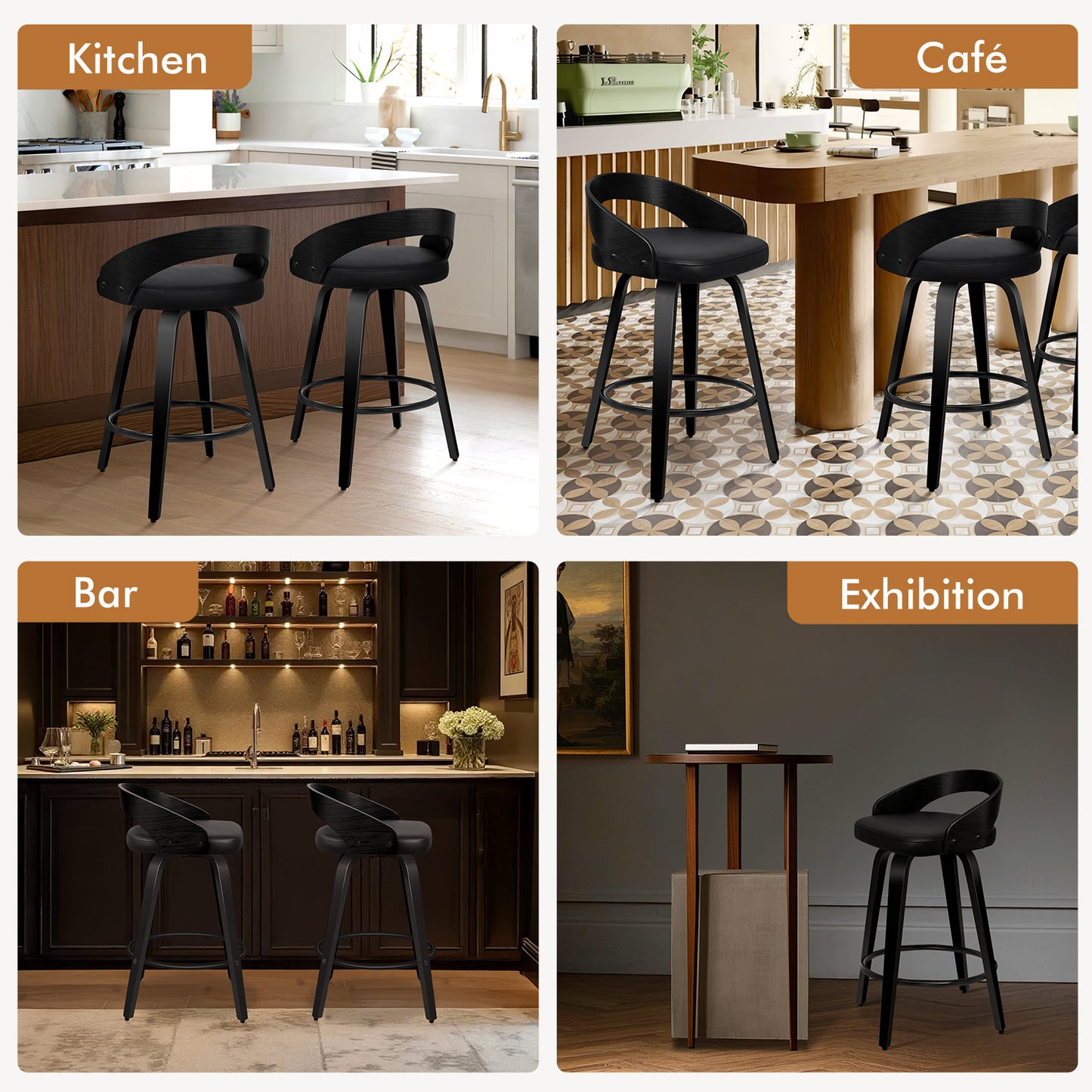 ALFORDSON 4x Swivel Bar Stools Caden Kitchen Wooden Dining Chair ALL BLACK