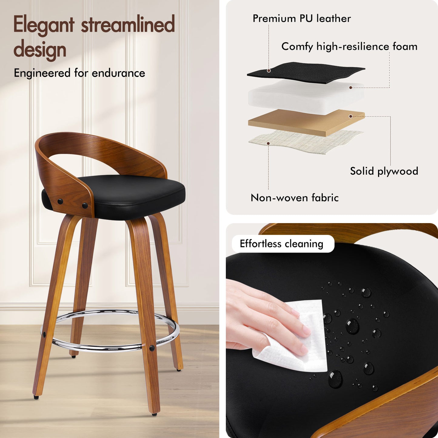 ALFORDSON 2x Swivel Bar Stools Caden Kitchen Wooden Dining Chair BLACK