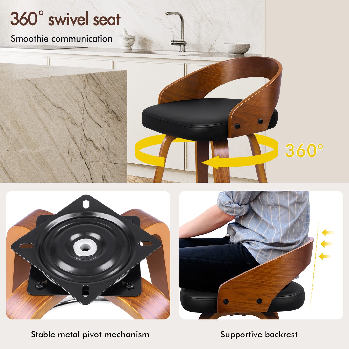 ALFORDSON 2x Swivel Bar Stools Caden Kitchen Wooden Dining Chair BLACK