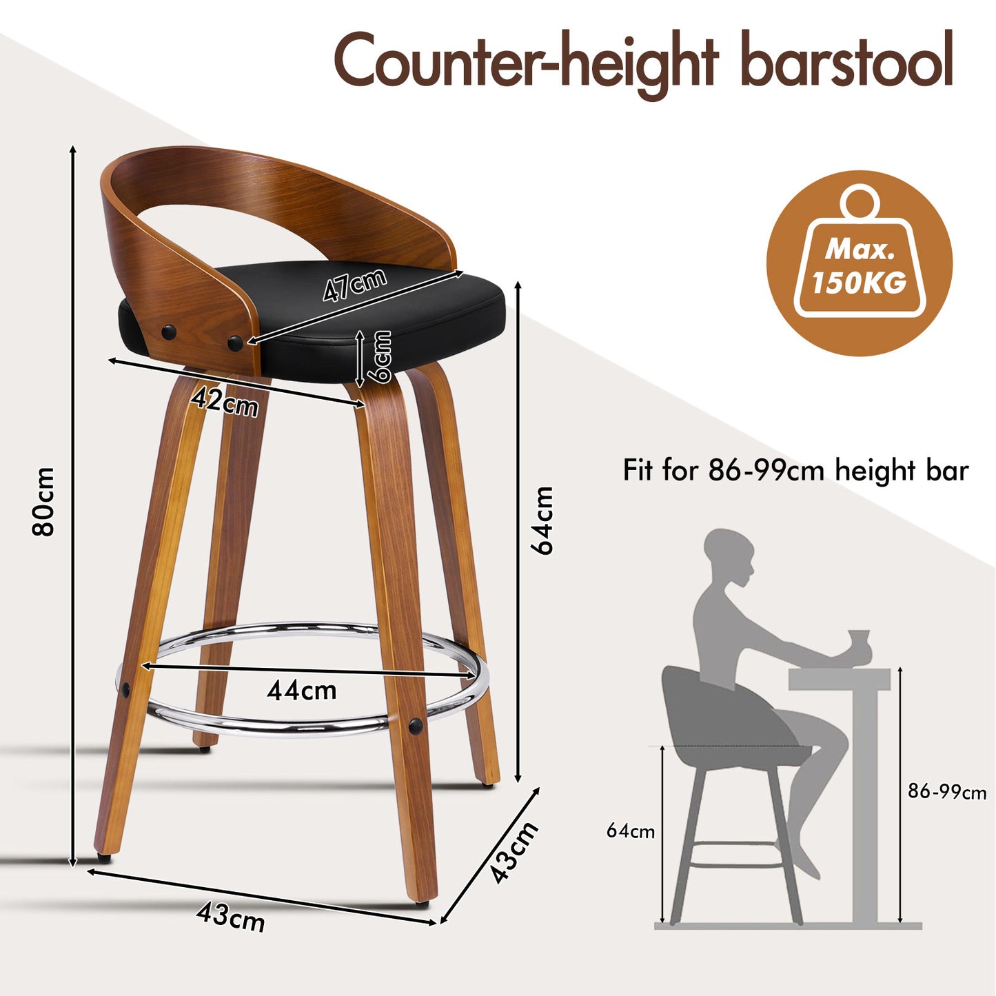 ALFORDSON 2x Swivel Bar Stools Caden Kitchen Wooden Dining Chair BLACK