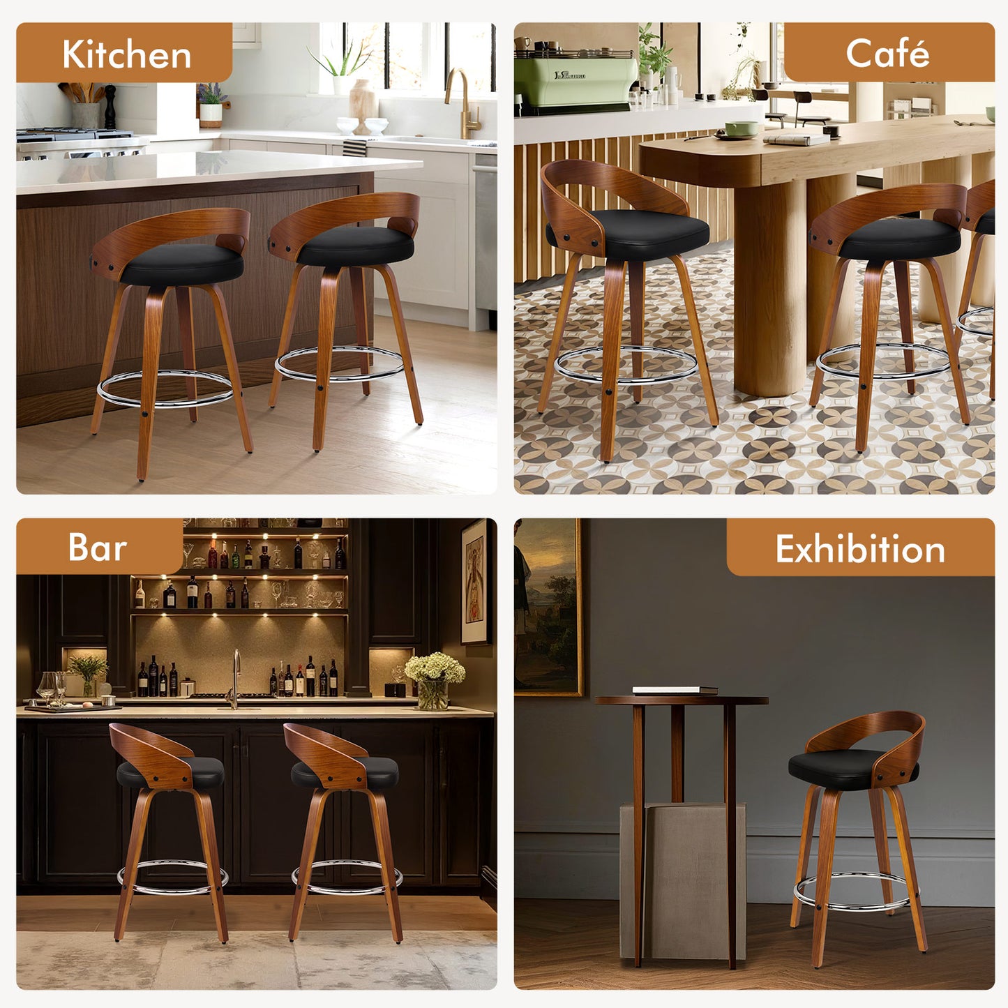 ALFORDSON 2x Swivel Bar Stools Caden Kitchen Wooden Dining Chair BLACK