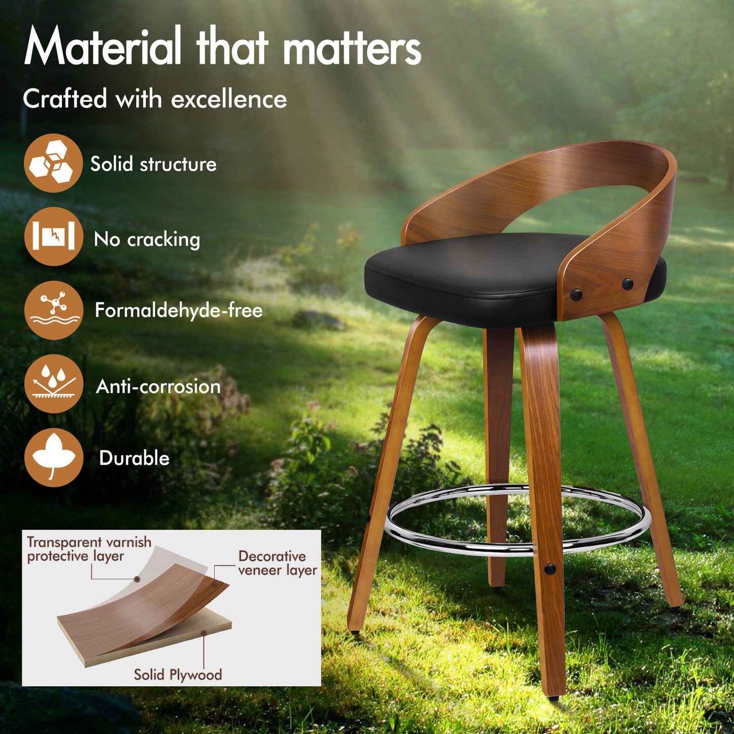 ALFORDSON 2x Swivel Bar Stools Caden Kitchen Wooden Dining Chair BLACK