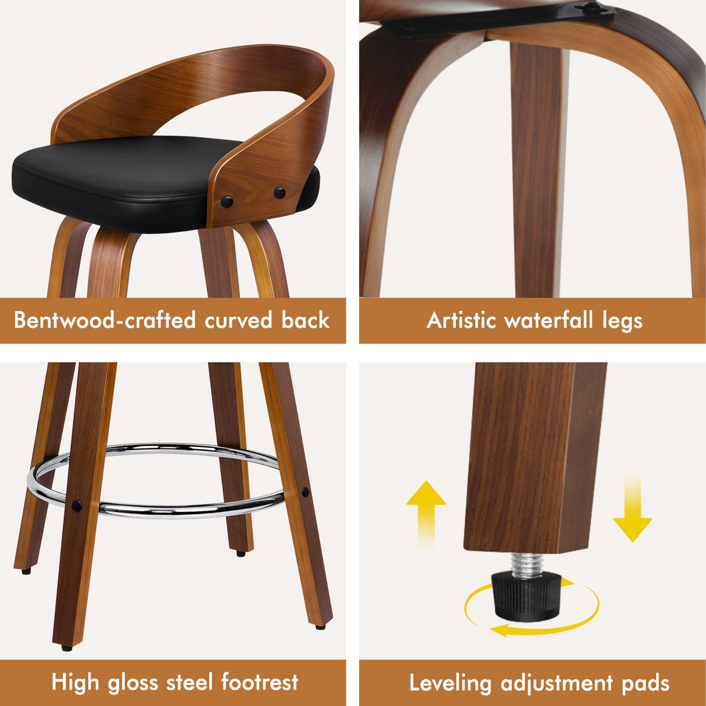 ALFORDSON 2x Swivel Bar Stools Caden Kitchen Wooden Dining Chair BLACK