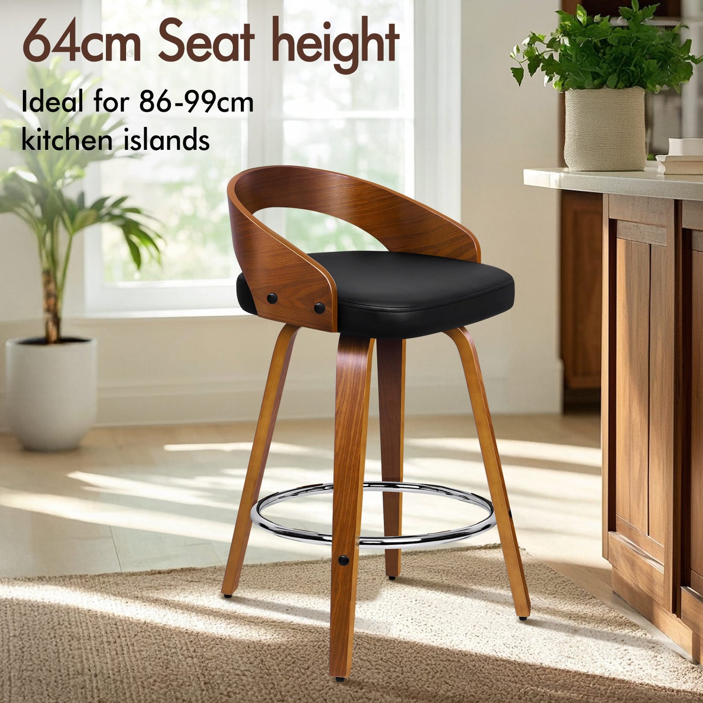 ALFORDSON 2x Swivel Bar Stools Caden Kitchen Wooden Dining Chair BLACK