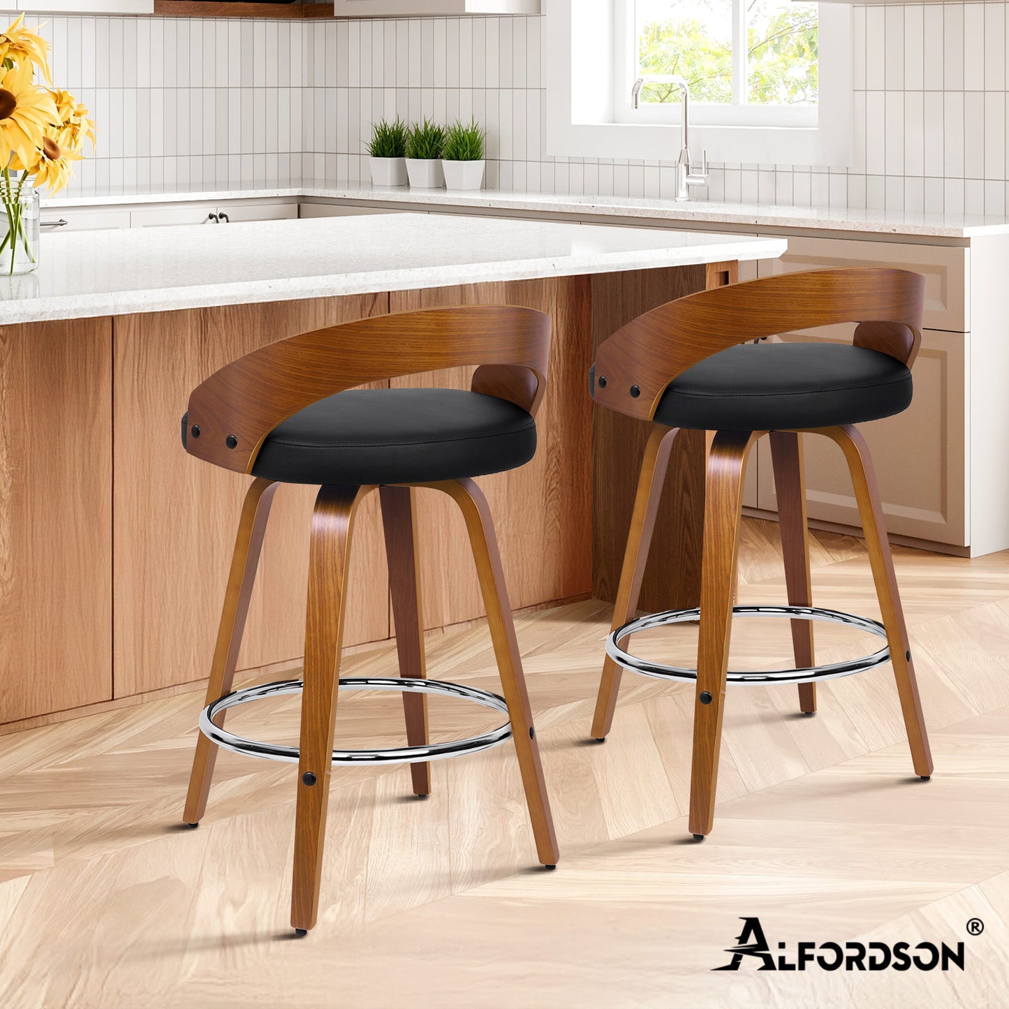 ALFORDSON 2x Swivel Bar Stools Caden Kitchen Wooden Dining Chair BLACK