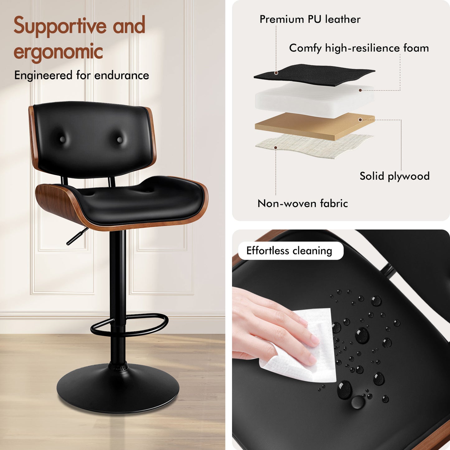 ALFORDSON 2 x Bar Stools, Wooden, 360° Swivel PU Leather, Black