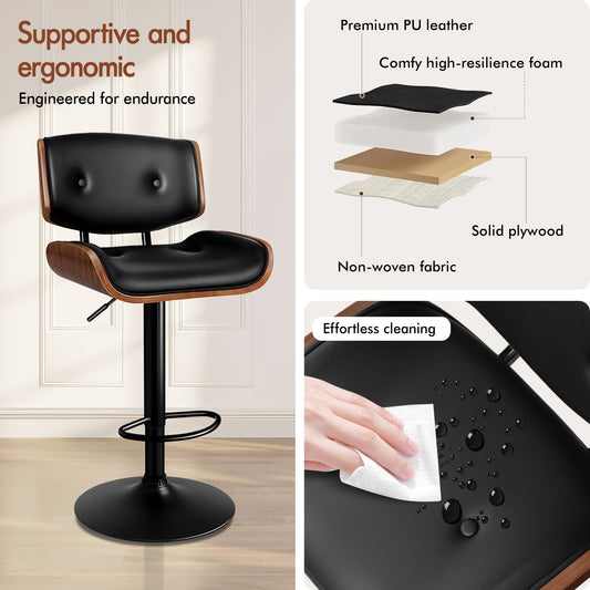 ALFORDSON 2 x Bar Stools, Wooden, 360° Swivel PU Leather, Black