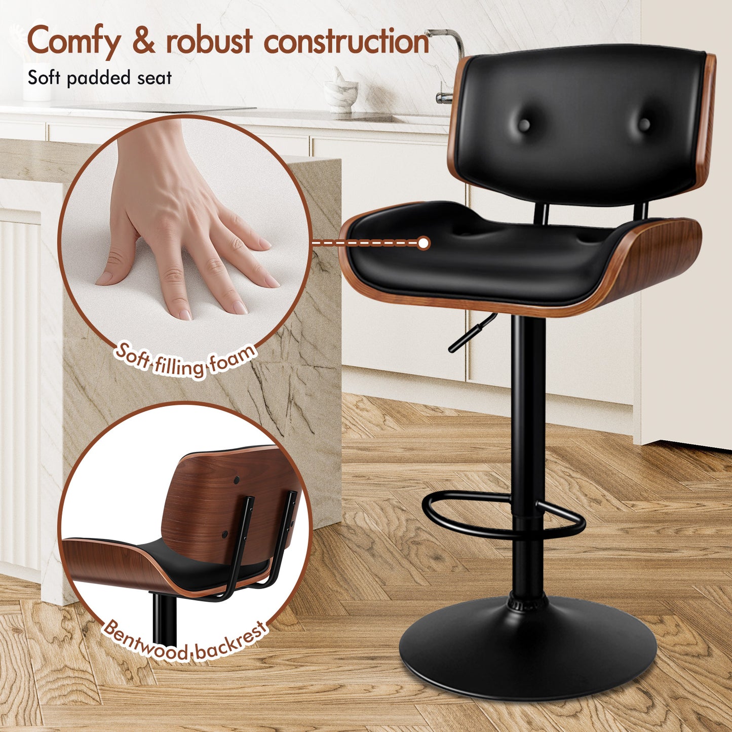 ALFORDSON 2 x Bar Stools, Wooden, 360° Swivel PU Leather, Black