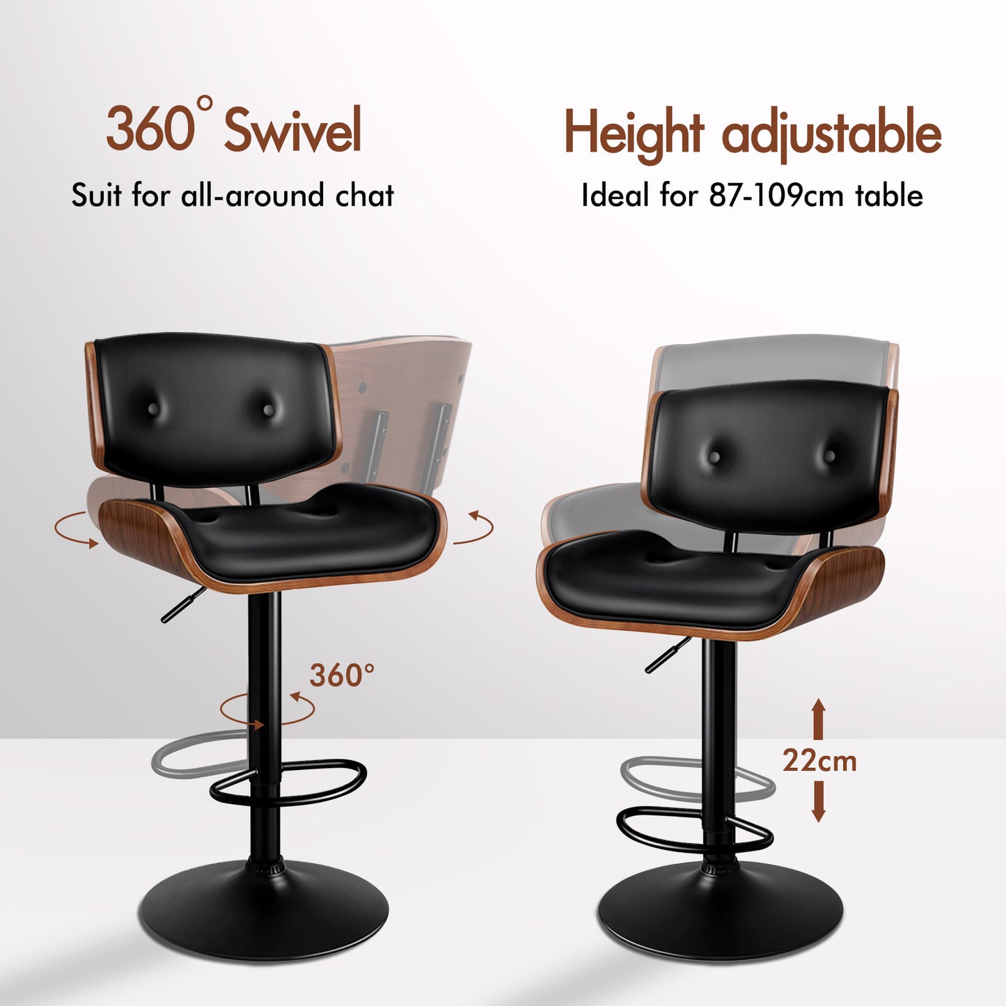 ALFORDSON 2 x Bar Stools, Wooden, 360° Swivel PU Leather, Black