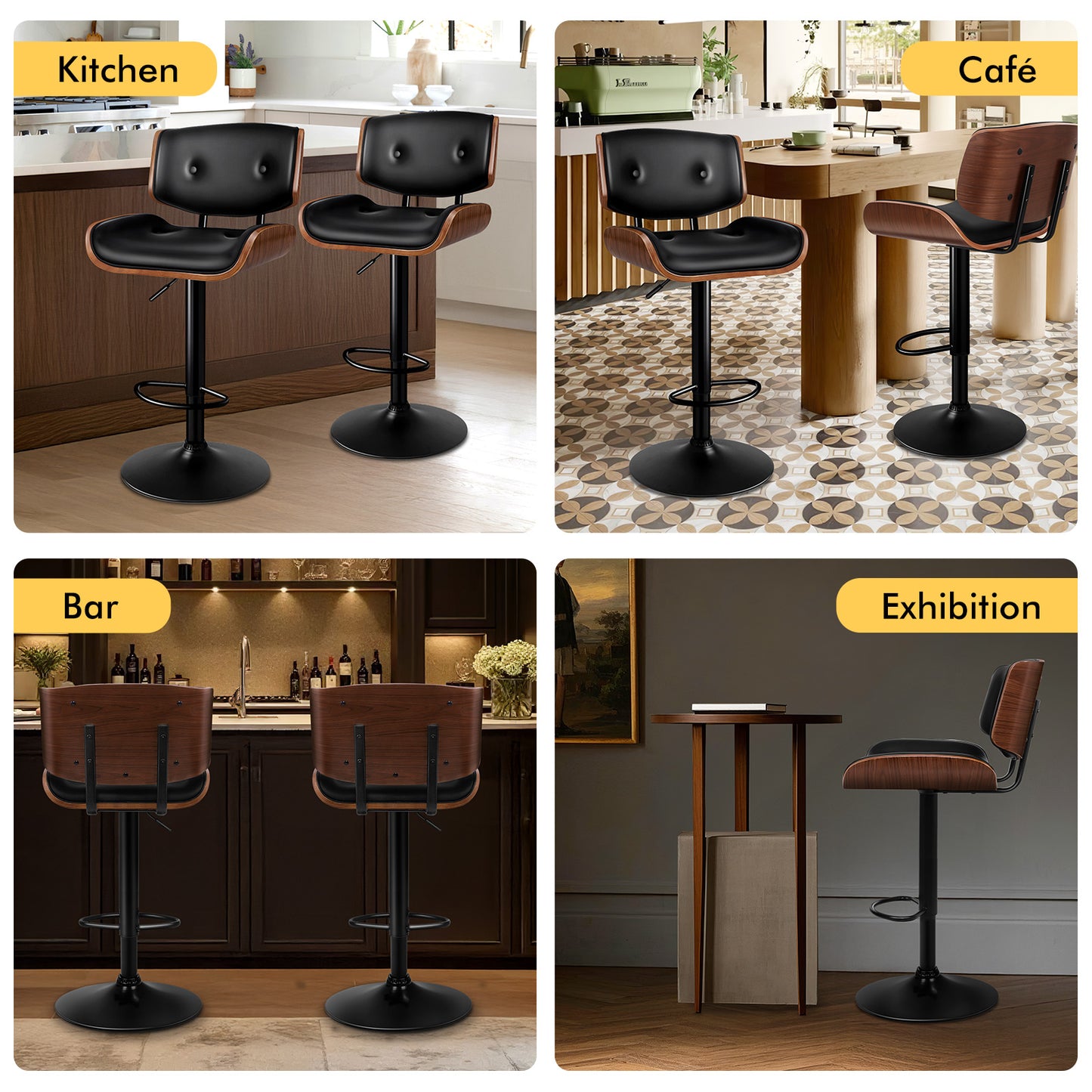 ALFORDSON 2 x Bar Stools, Wooden, 360° Swivel PU Leather, Black