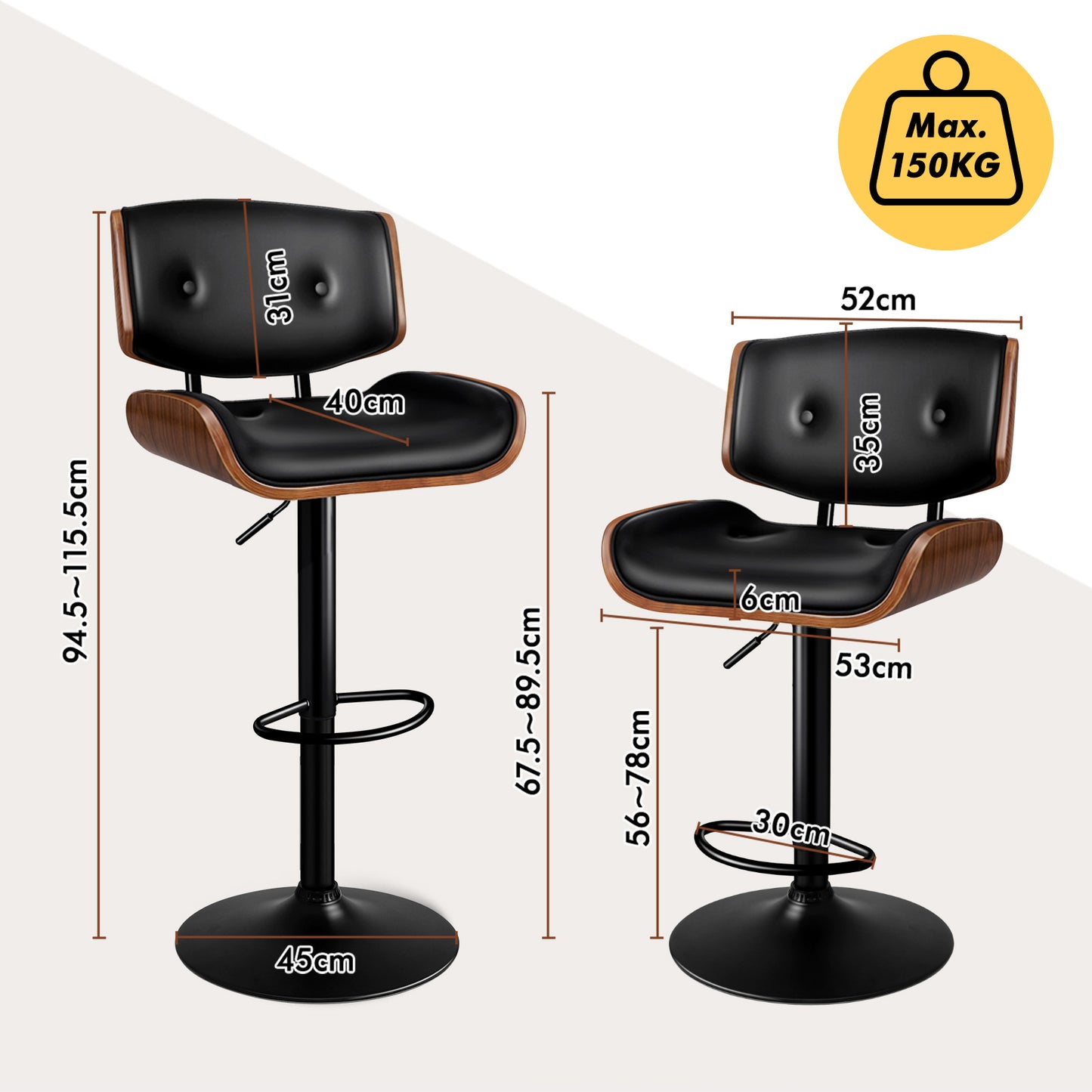 ALFORDSON 2 x Bar Stools, Wooden, 360° Swivel PU Leather, Black