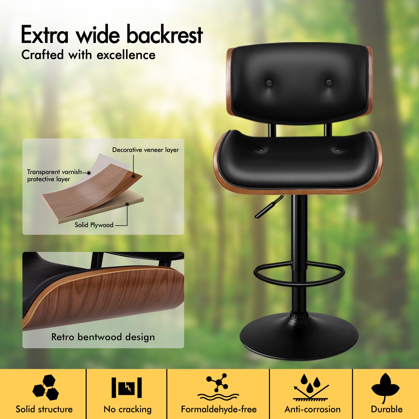 ALFORDSON 2 x Bar Stools, Wooden, 360° Swivel PU Leather, Black