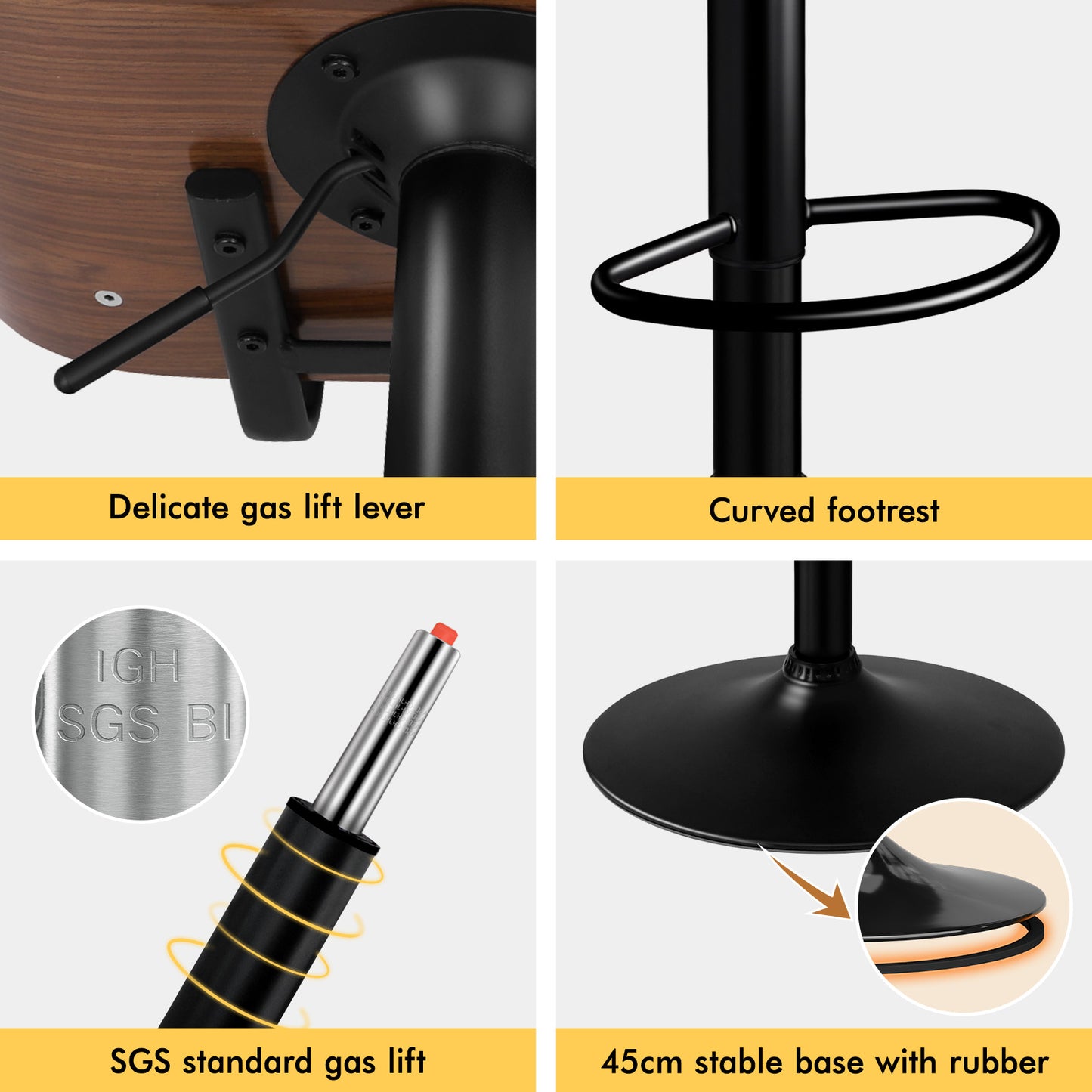 ALFORDSON 2 x Bar Stools, Wooden, 360° Swivel PU Leather, Black