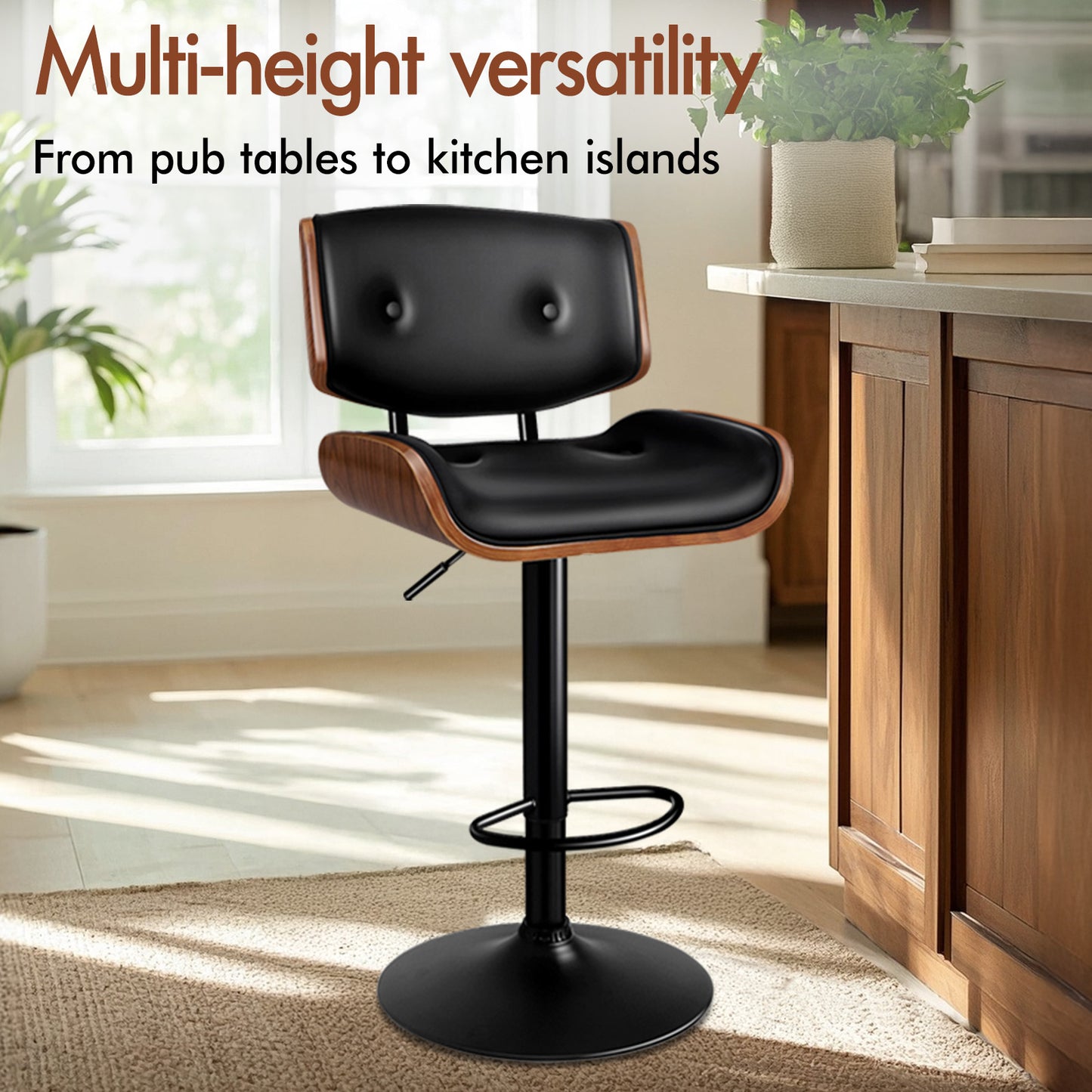 ALFORDSON 2 x Bar Stools, Wooden, 360° Swivel PU Leather, Black
