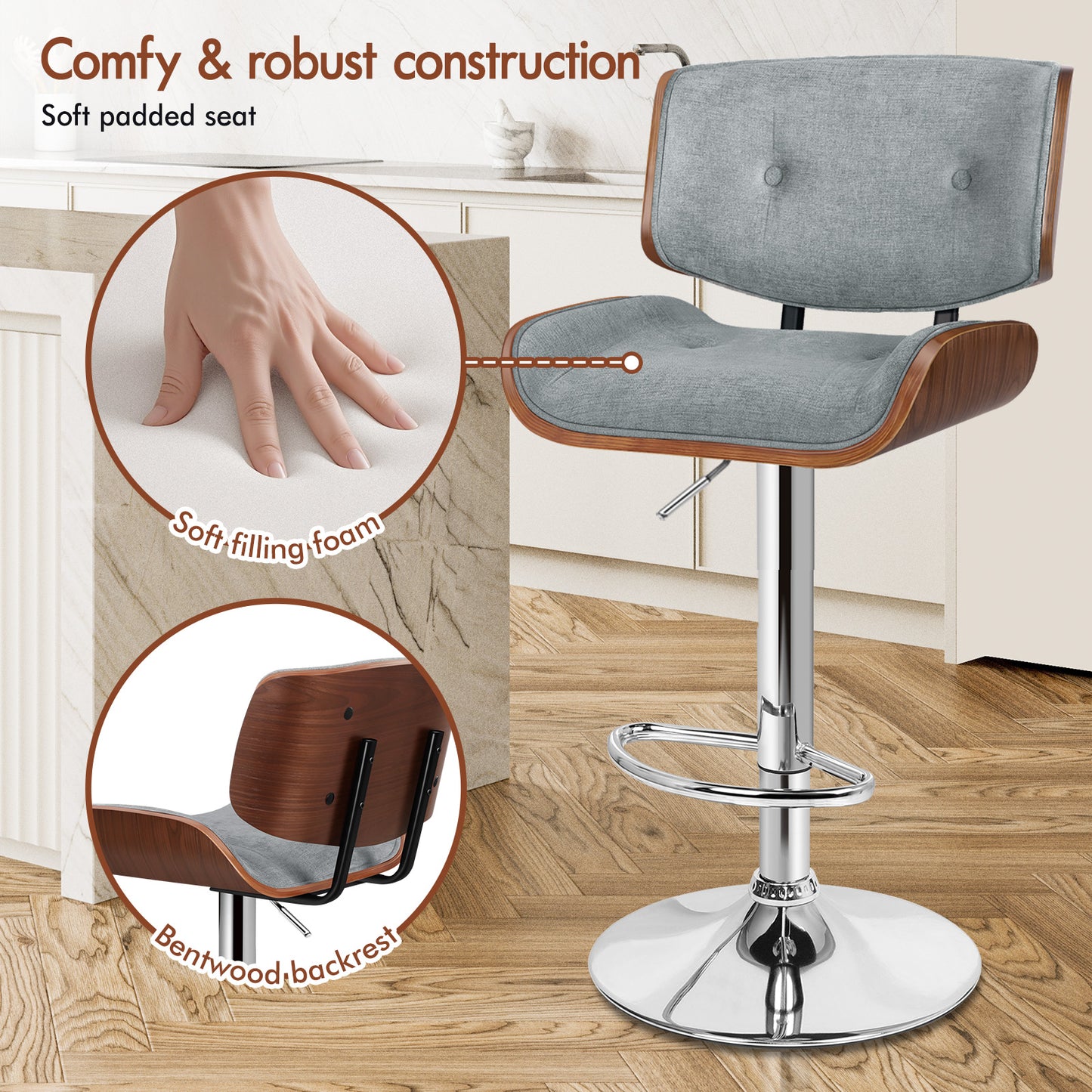 ALFORDSON Bar Stools, Wooden, 360° Swivel Linen Fabric, Grey