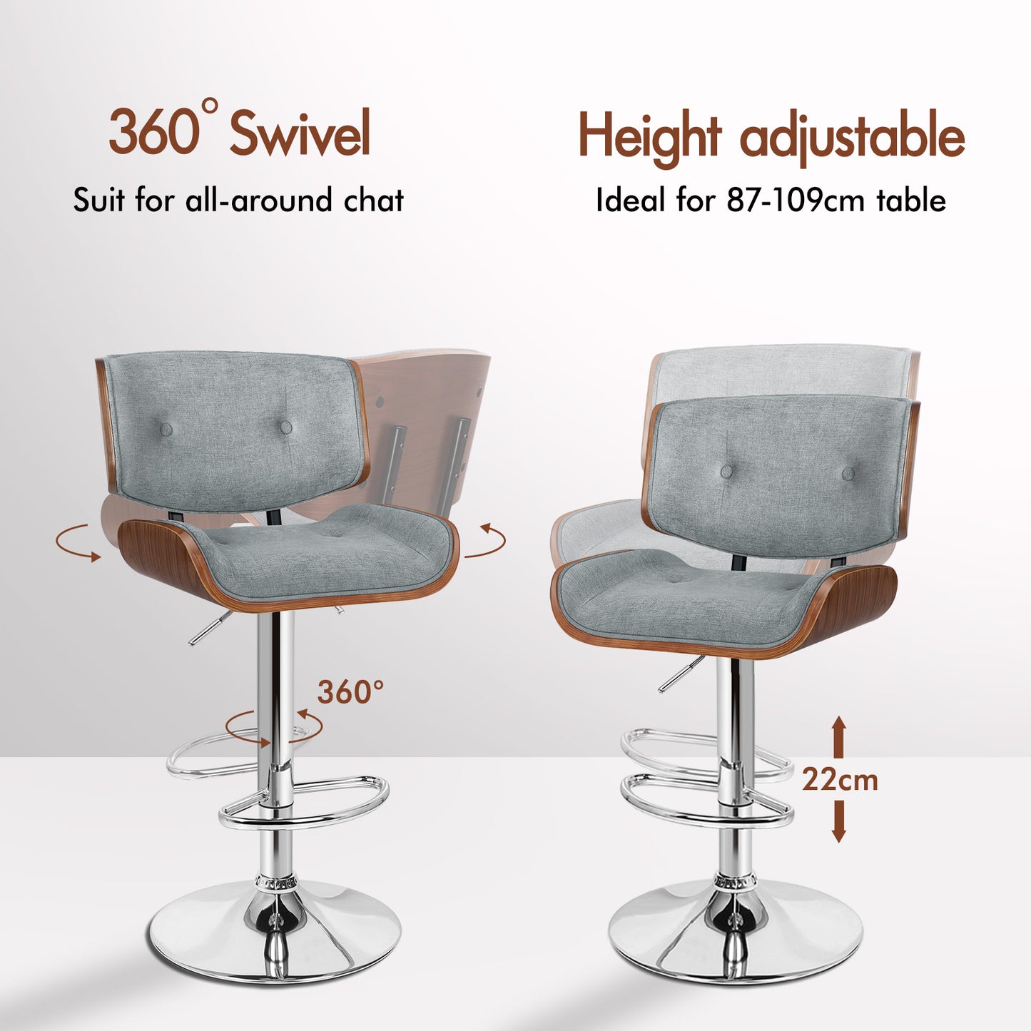 ALFORDSON Bar Stools, Wooden, 360° Swivel Linen Fabric, Grey
