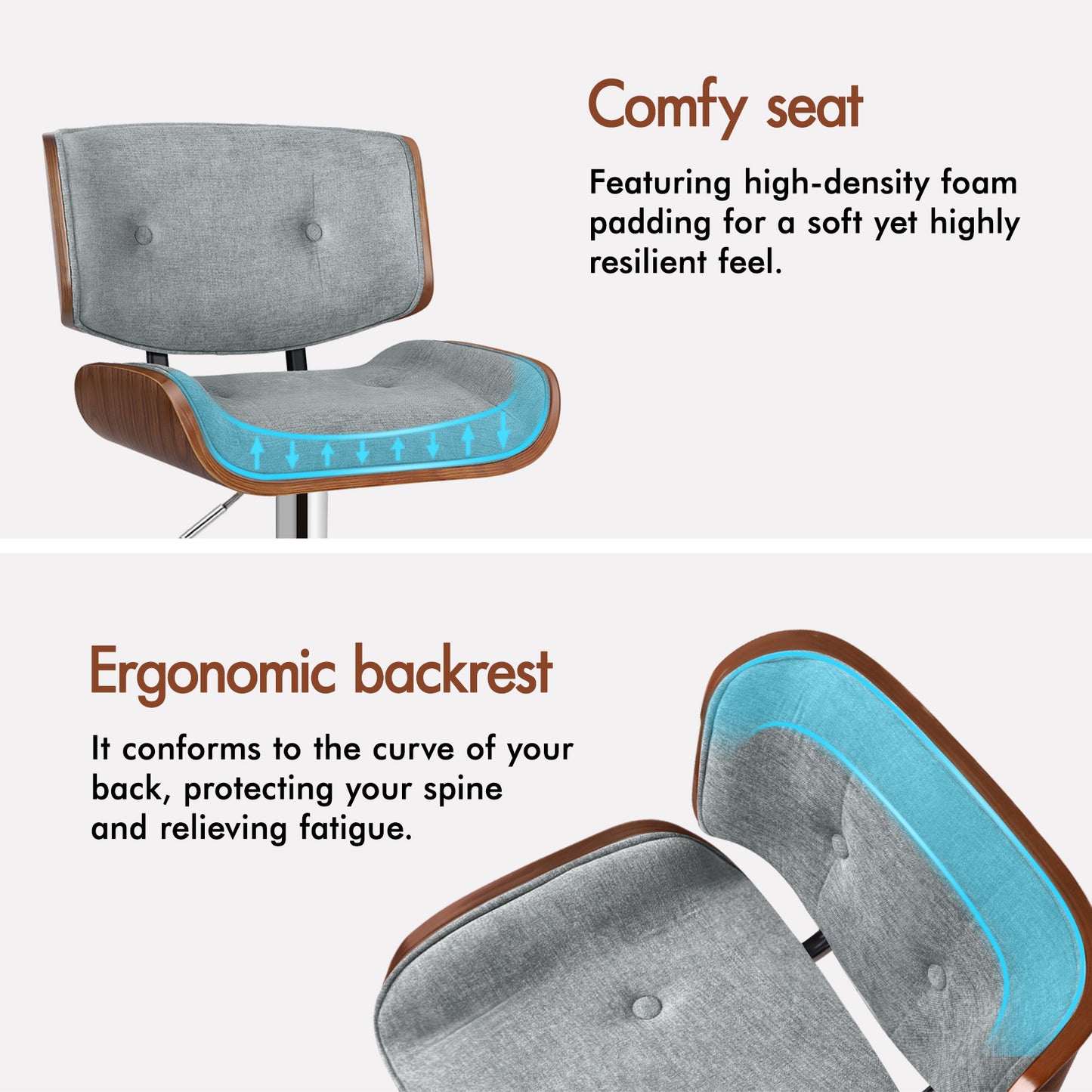 ALFORDSON Bar Stools, Wooden, 360° Swivel Linen Fabric, Grey