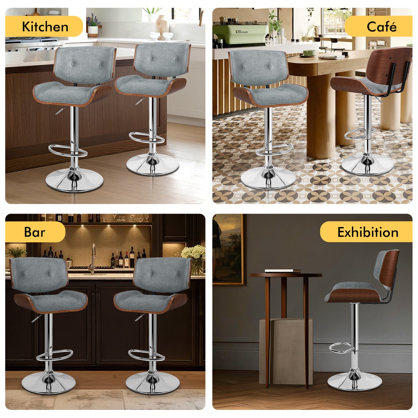 ALFORDSON Bar Stools, Wooden, 360° Swivel Linen Fabric, Grey