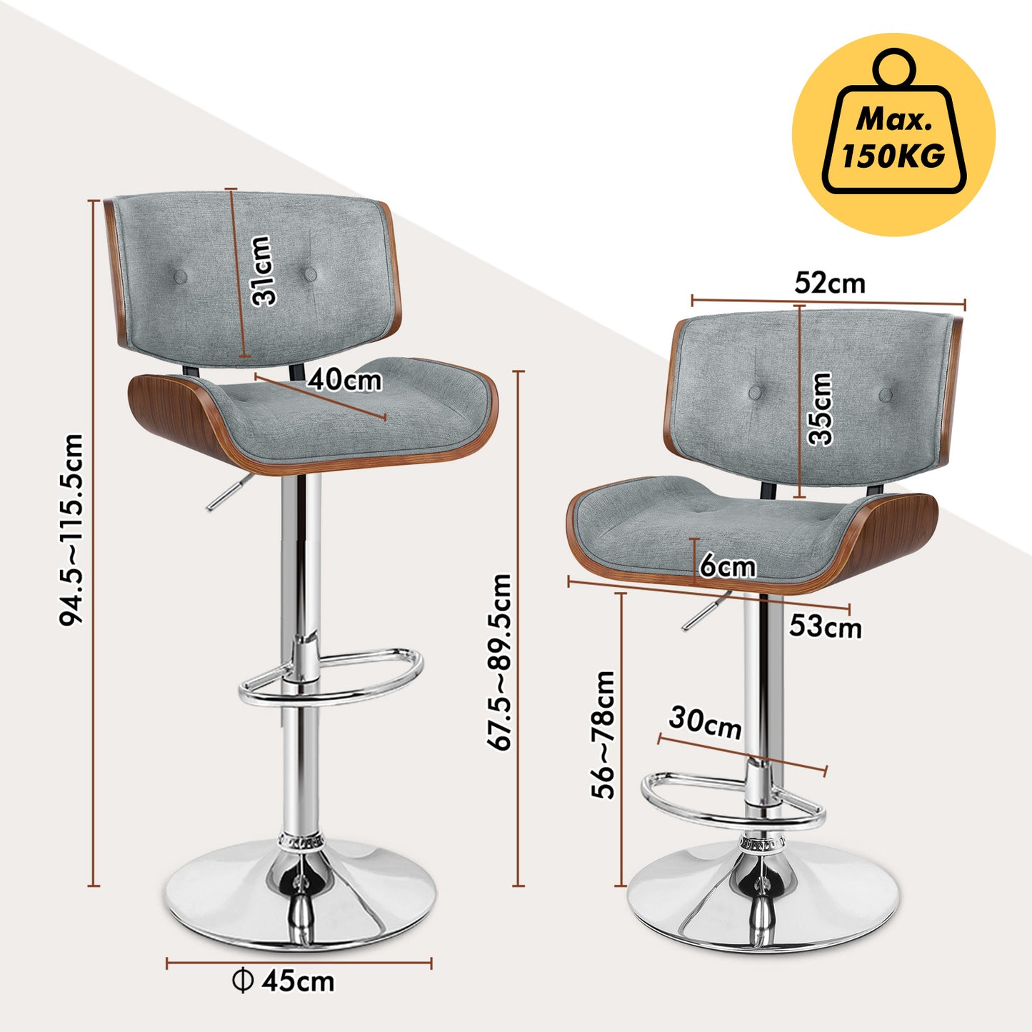 ALFORDSON Bar Stools, Wooden, 360° Swivel Linen Fabric, Grey