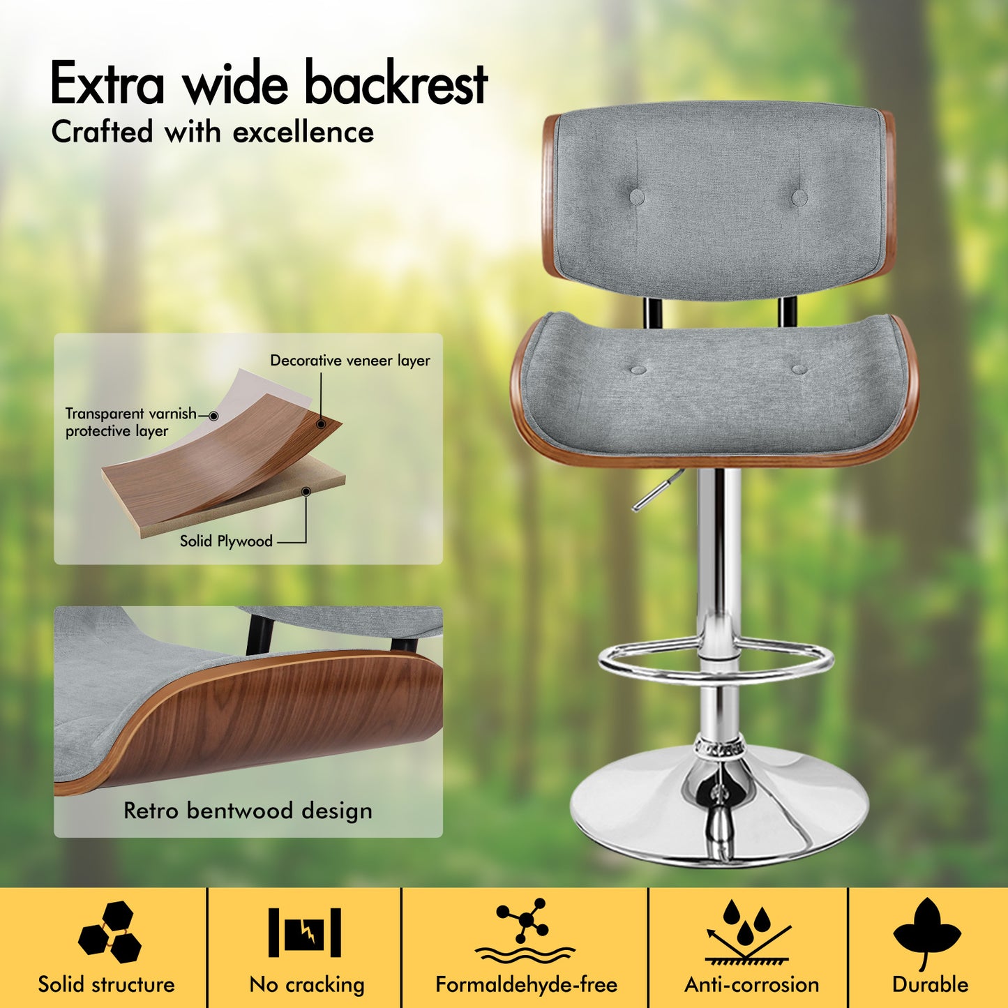 ALFORDSON Bar Stools, Wooden, 360° Swivel Linen Fabric, Grey