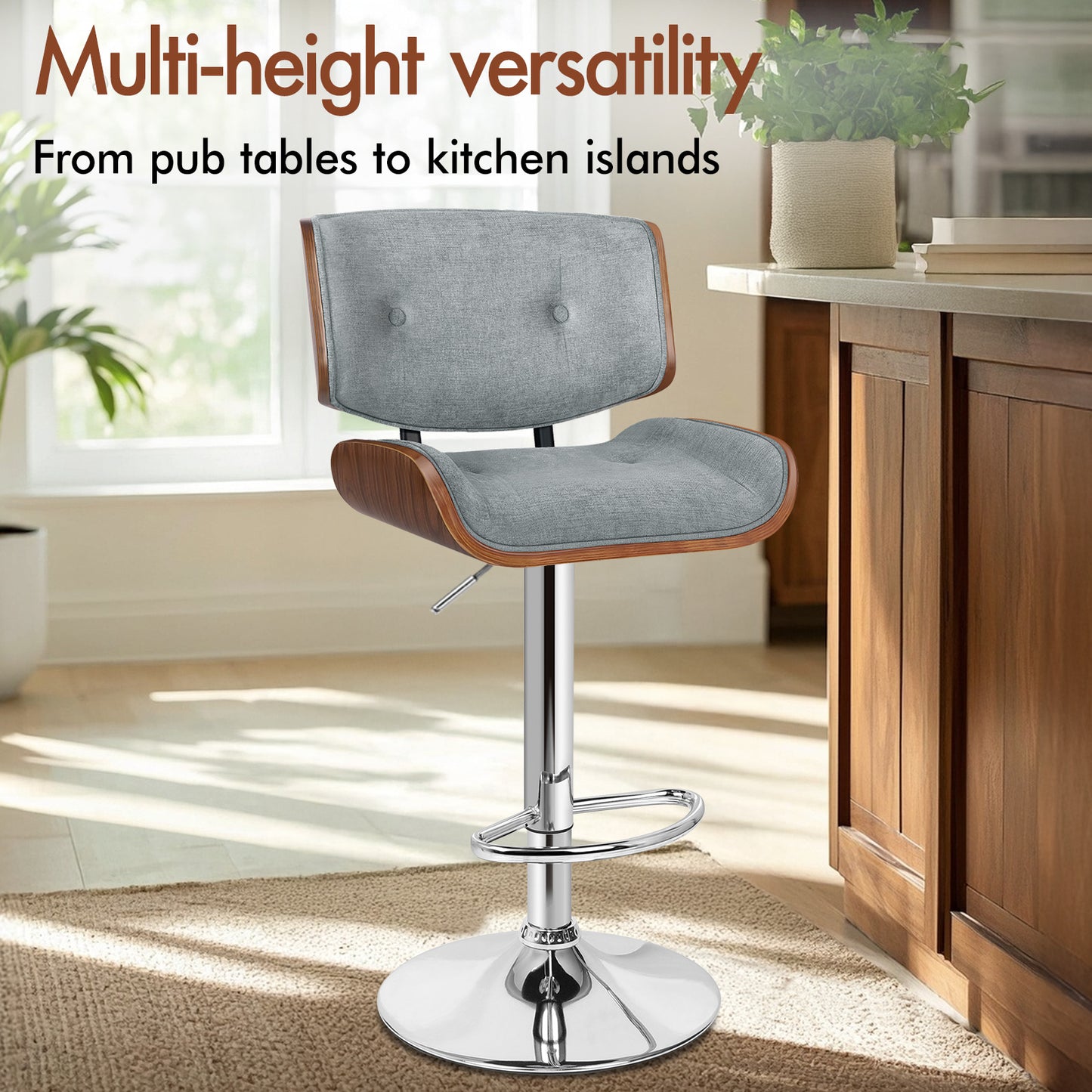 ALFORDSON Bar Stools, Wooden, 360° Swivel Linen Fabric, Grey