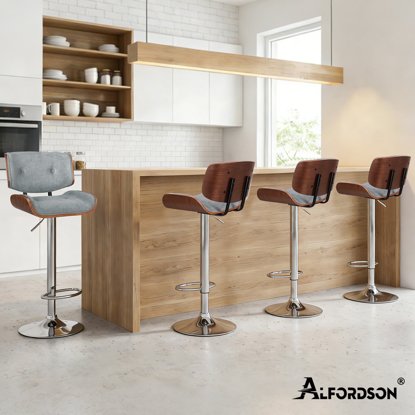 ALFORDSON Bar Stools, Wooden, 360° Swivel Linen Fabric, Grey