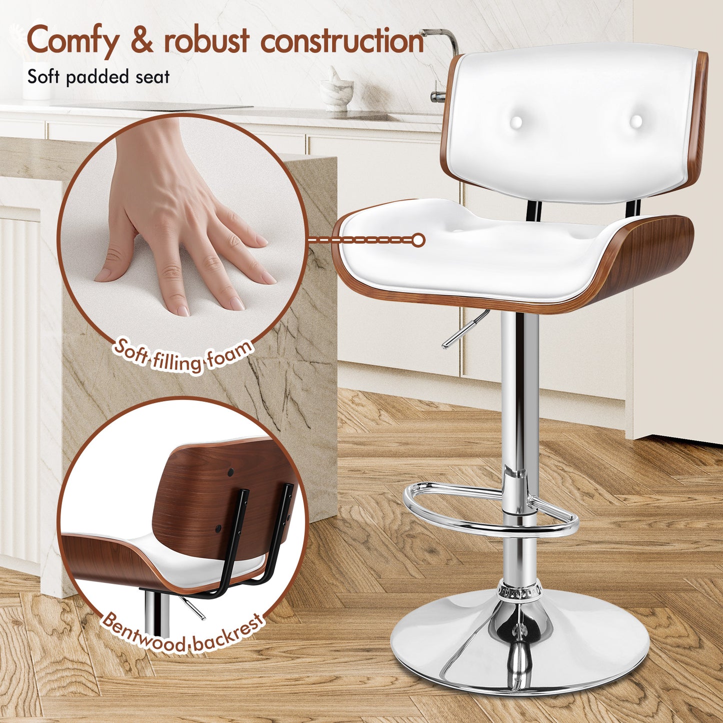 ALFORDSON 2xBar Stools, Wooden, 360° Swivel PU Leather, White