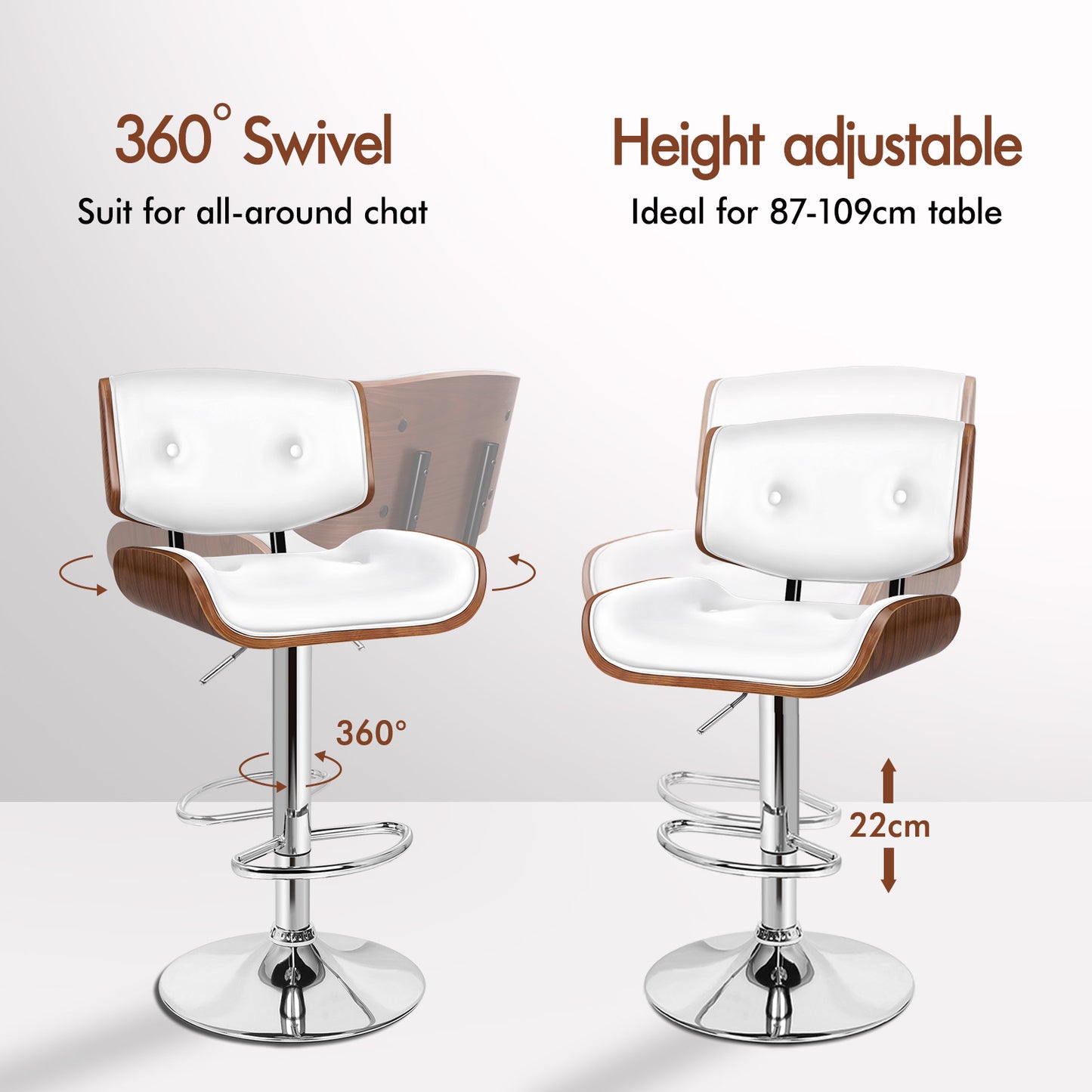 ALFORDSON 2xBar Stools, Wooden, 360° Swivel PU Leather, White