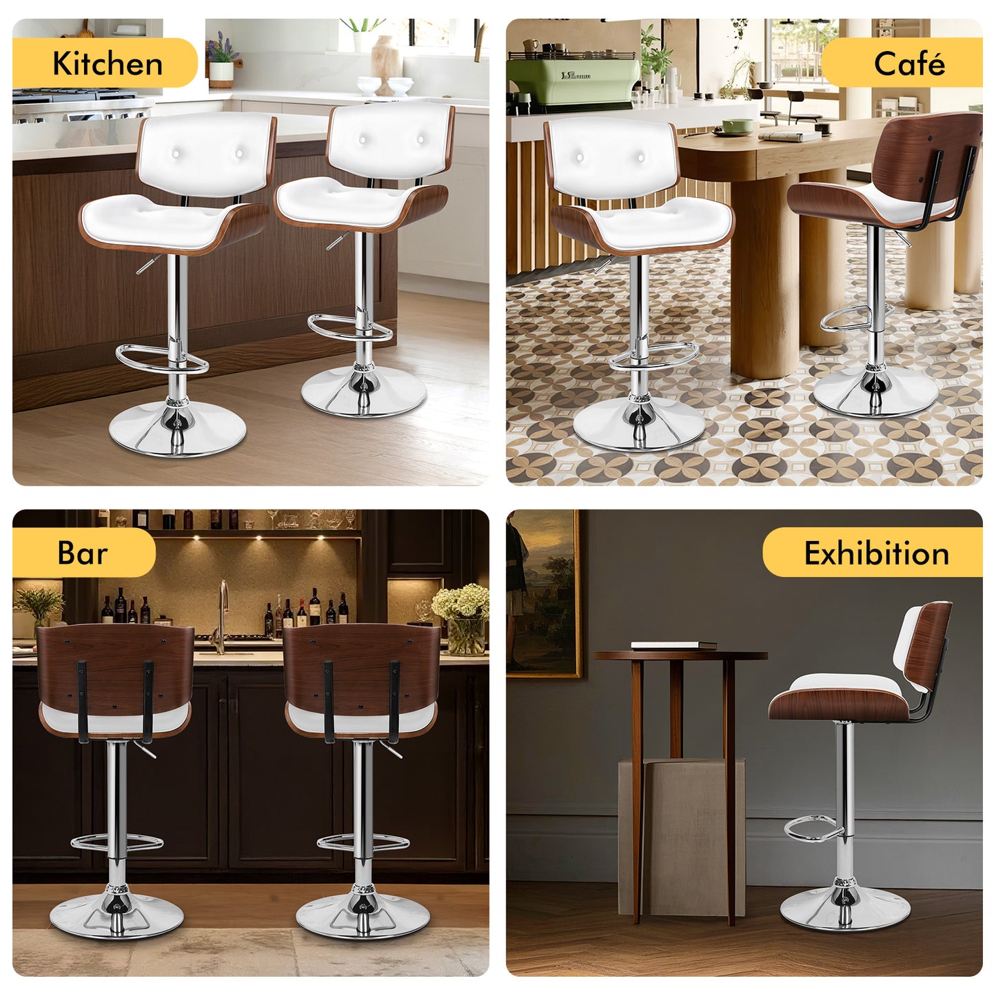 ALFORDSON 2xBar Stools, Wooden, 360° Swivel PU Leather, White