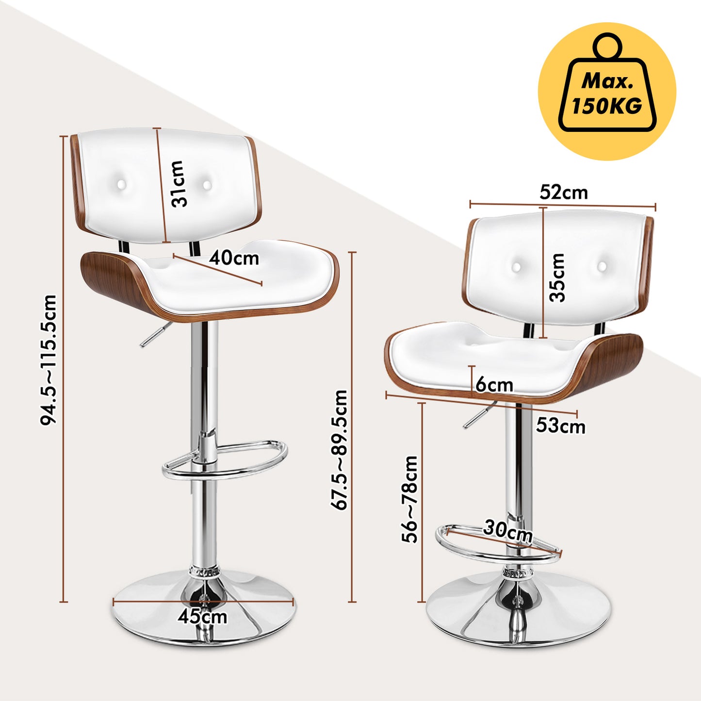 ALFORDSON 2xBar Stools, Wooden, 360° Swivel PU Leather, White