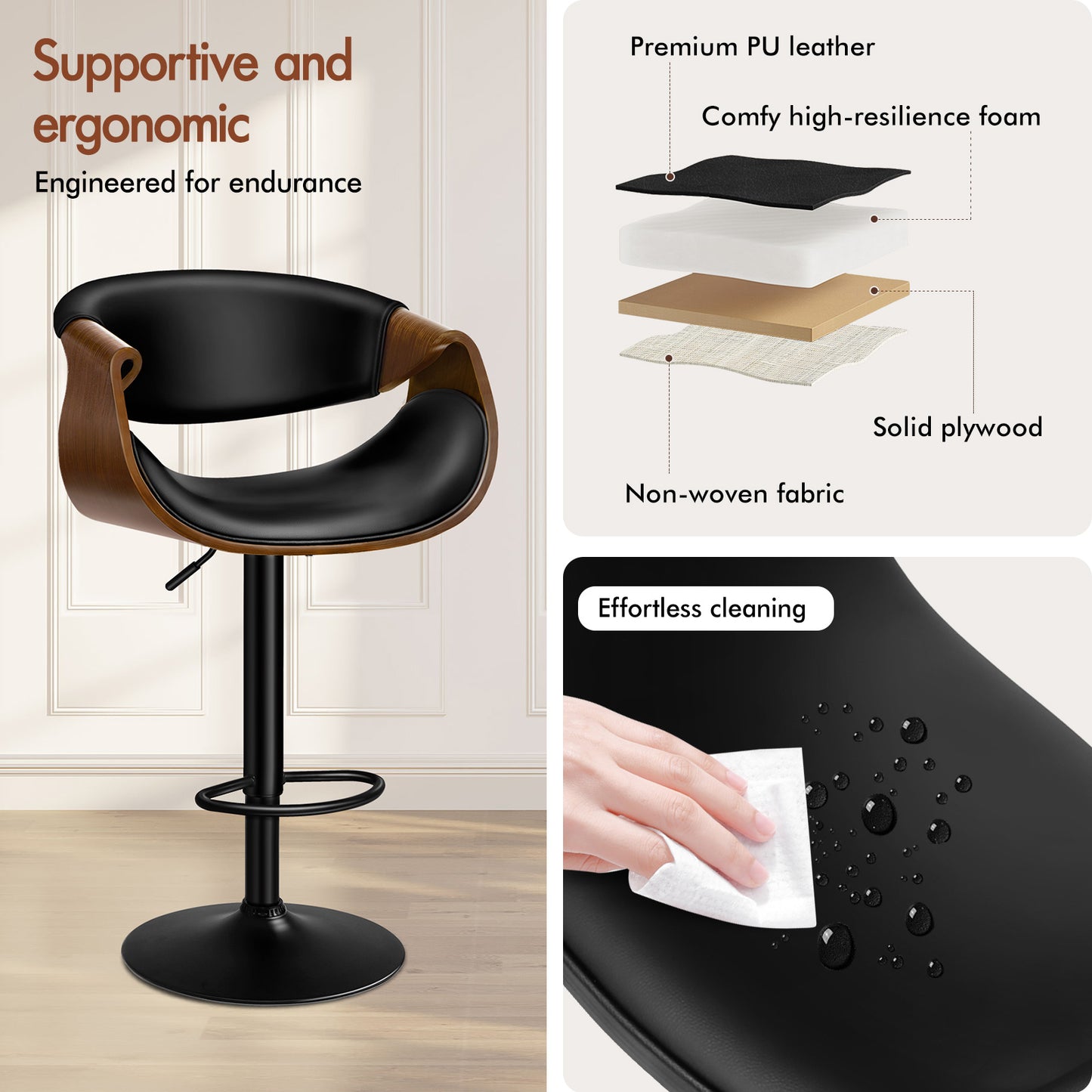 ALFORDSON Breakfast Bar Stools - 360° Swivel, Height Adjustable, Black