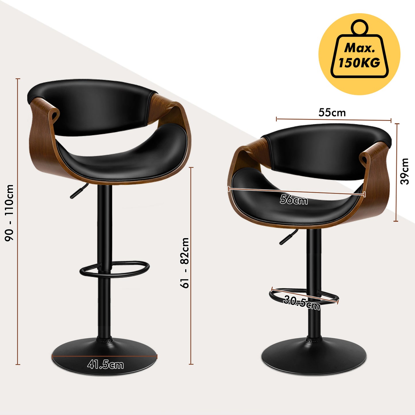 ALFORDSON Breakfast Bar Stools - 360° Swivel, Height Adjustable, Black