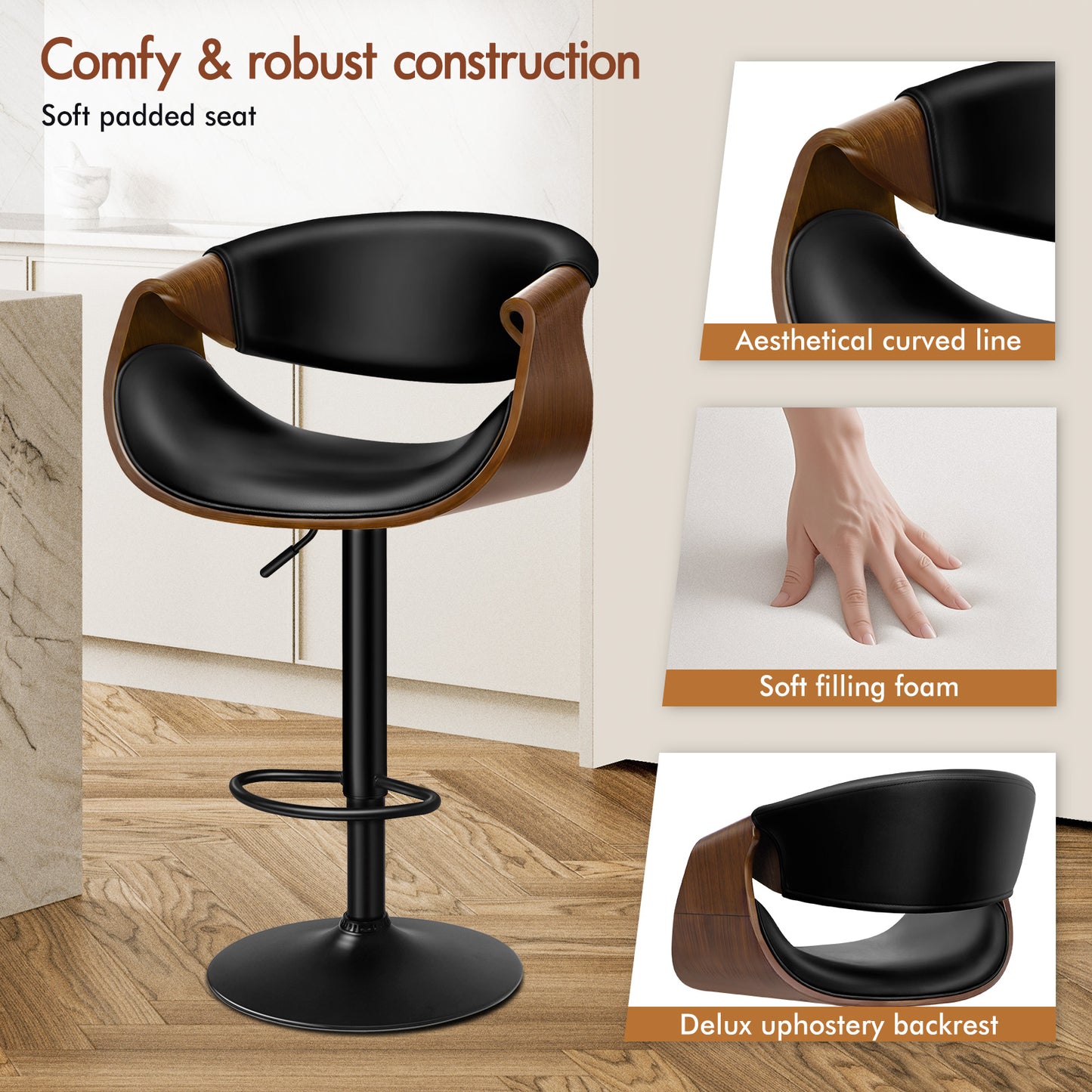 ALFORDSON 2 x Breakfast Bar Stools - 360° Swivel, Height Adjustable, Black
