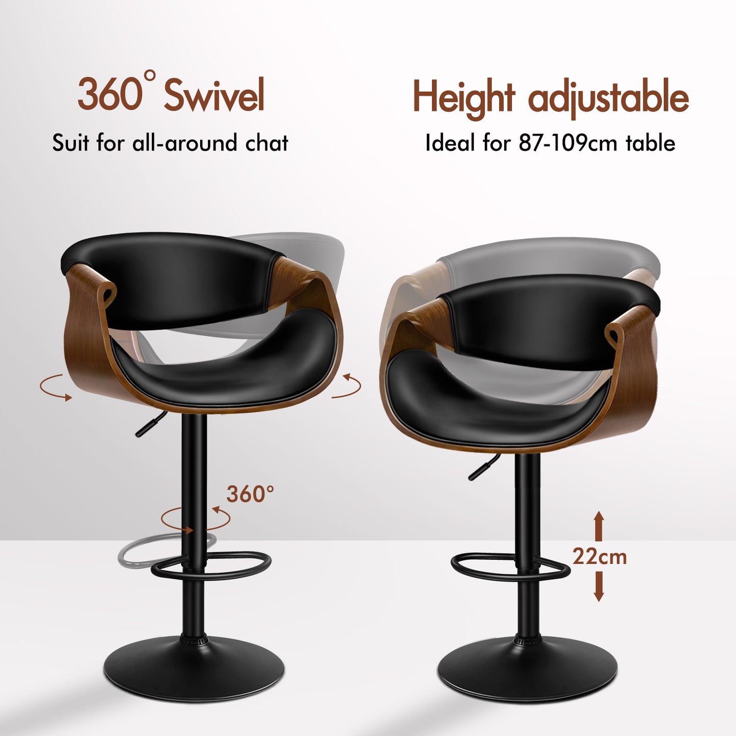 ALFORDSON 2 x Breakfast Bar Stools - 360° Swivel, Height Adjustable, Black
