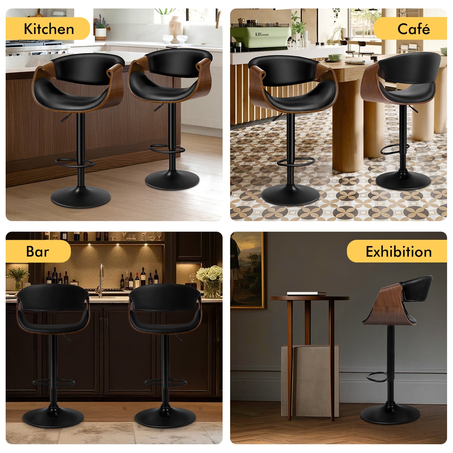 ALFORDSON 2 x Breakfast Bar Stools - 360° Swivel, Height Adjustable, Black