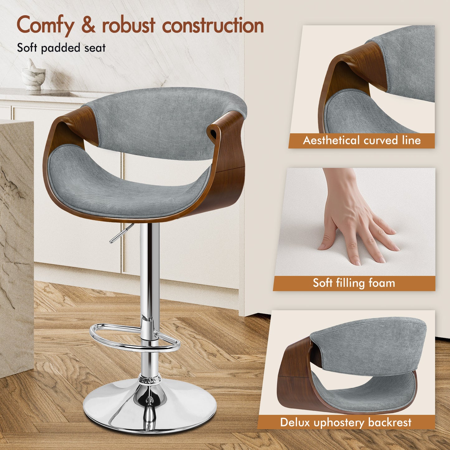 ALFORDSON Breakfast Bar Stools - 360° Swivel, Height Adjustable, Grey