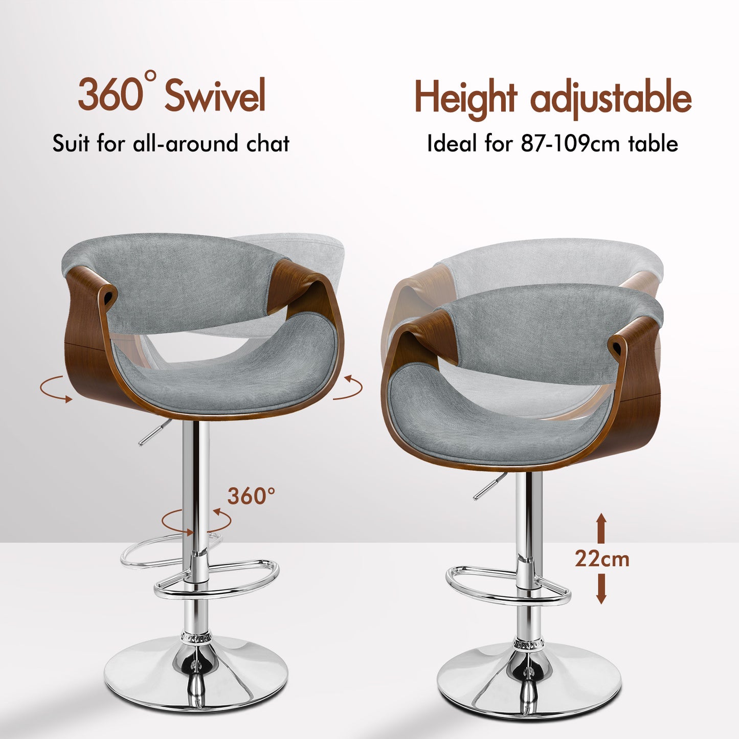 ALFORDSON Breakfast Bar Stools - 360° Swivel, Height Adjustable, Grey