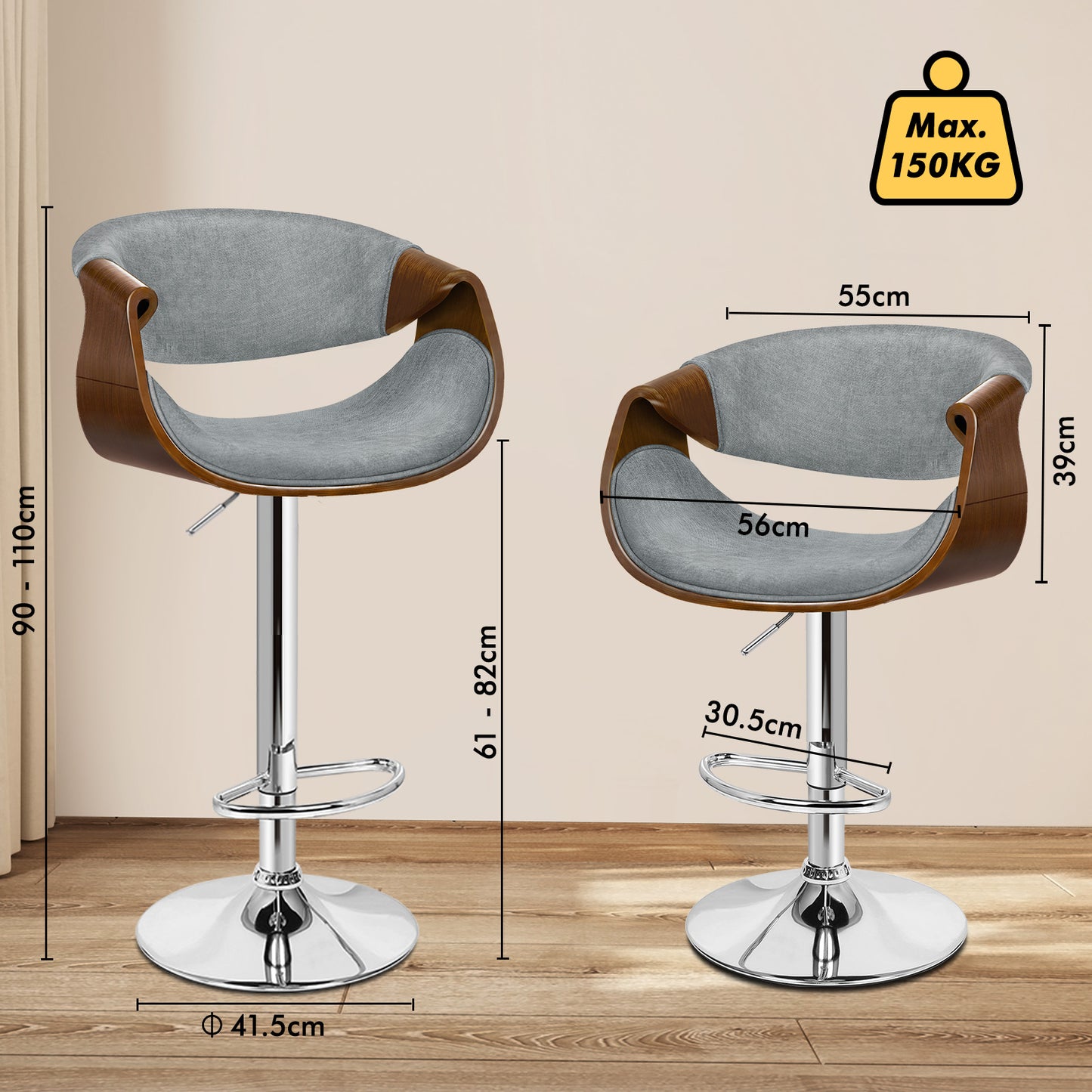 ALFORDSON 2 x Breakfast Bar Stools - 360° Swivel, Height Adjustable, Grey