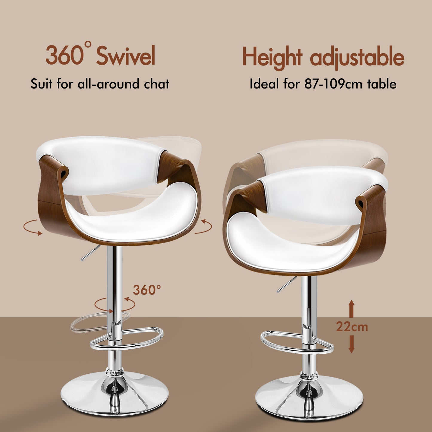 ALFORDSON 2 x Breakfast Bar Stools - 360° Swivel, Height Adjustable, White