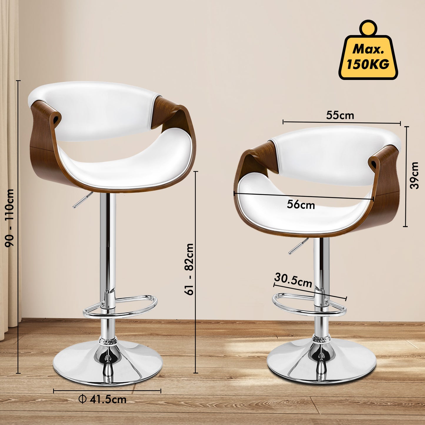 ALFORDSON 2 x Breakfast Bar Stools - 360° Swivel, Height Adjustable, White