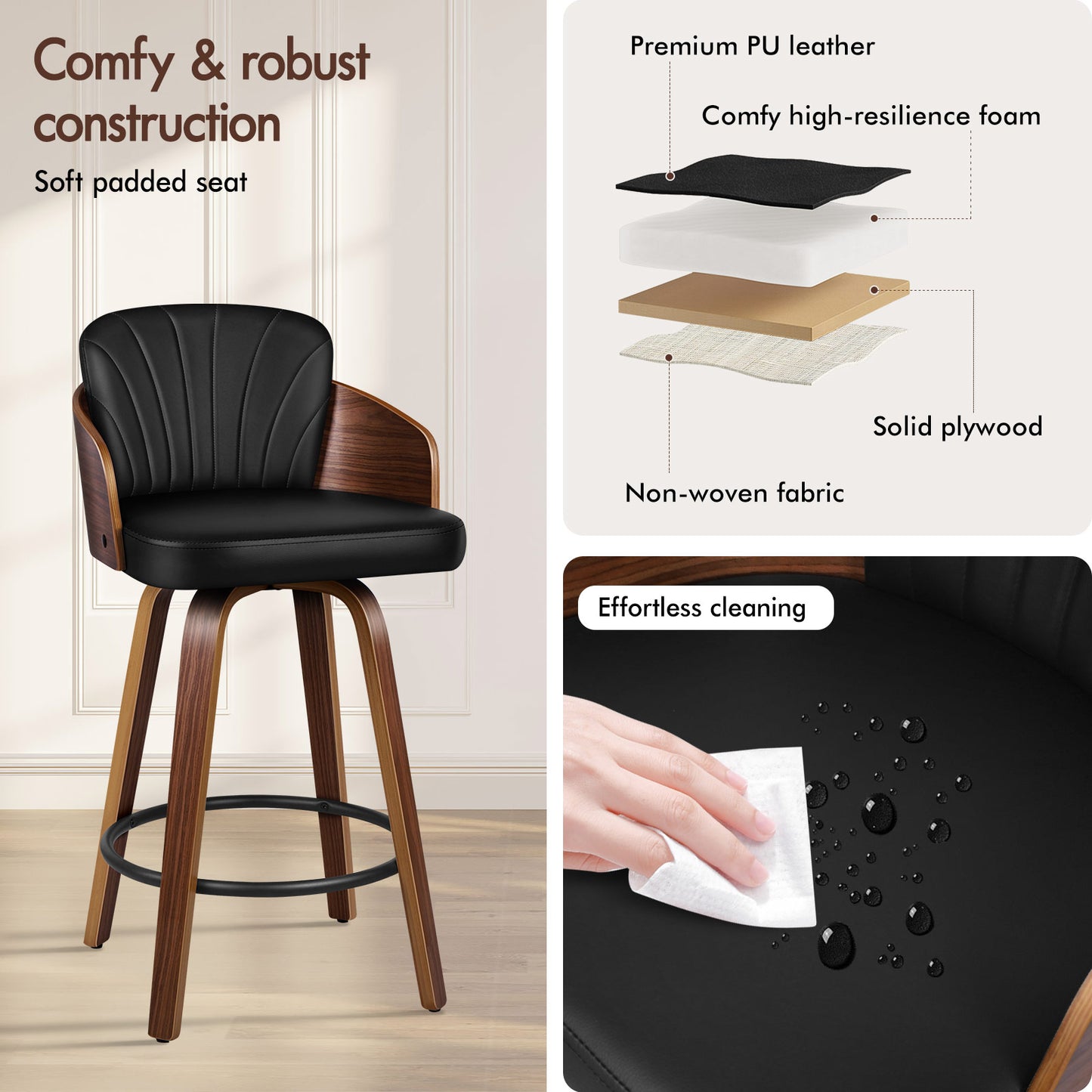 ALFORDSON 2x Swivel Bar Stools Alice Kitchen Wooden Dining Chair Black