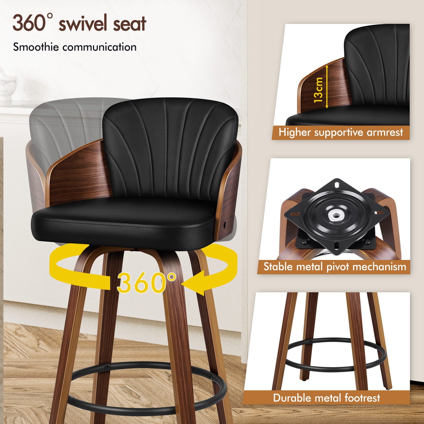 ALFORDSON 2x Swivel Bar Stools Alice Kitchen Wooden Dining Chair Black