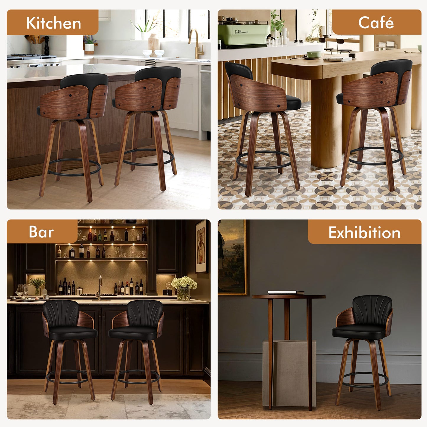 ALFORDSON 2x Swivel Bar Stools Alice Kitchen Wooden Dining Chair Black