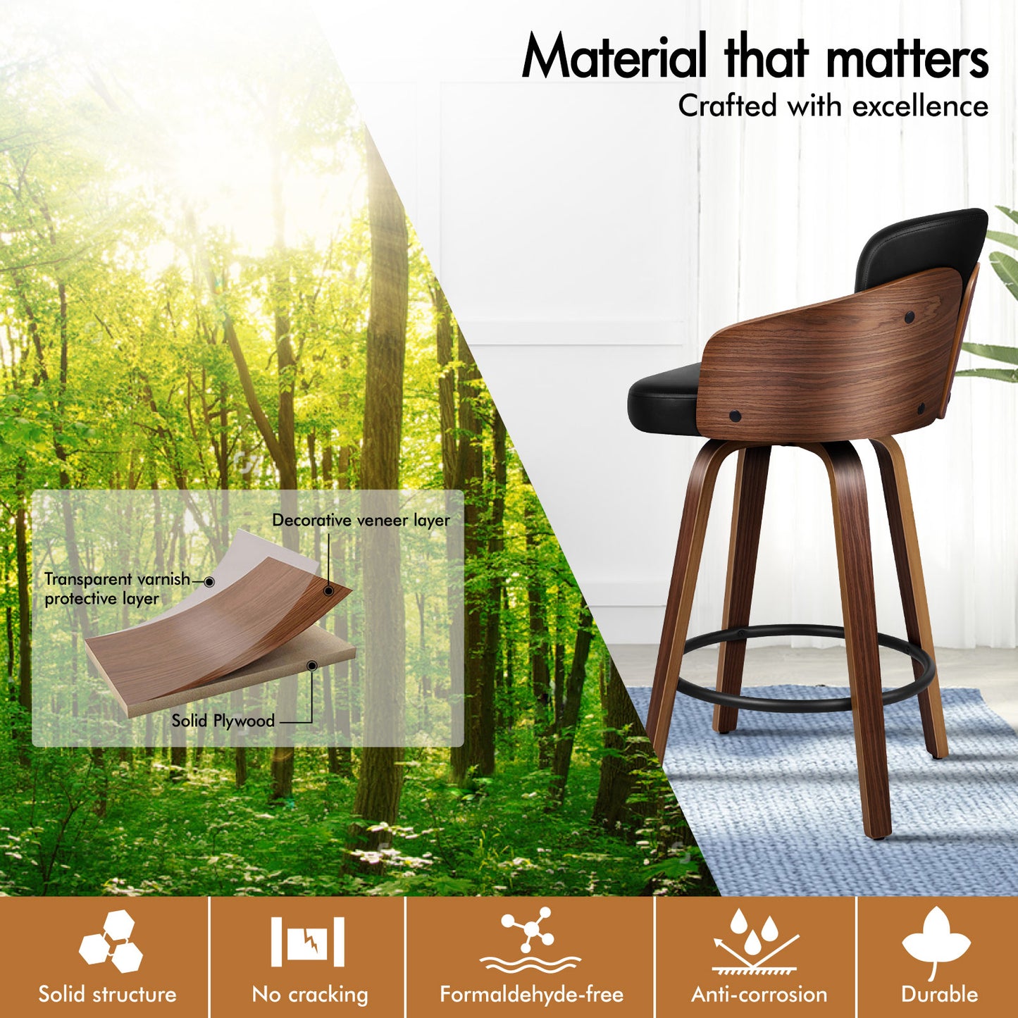 ALFORDSON 2x Swivel Bar Stools Alice Kitchen Wooden Dining Chair Black