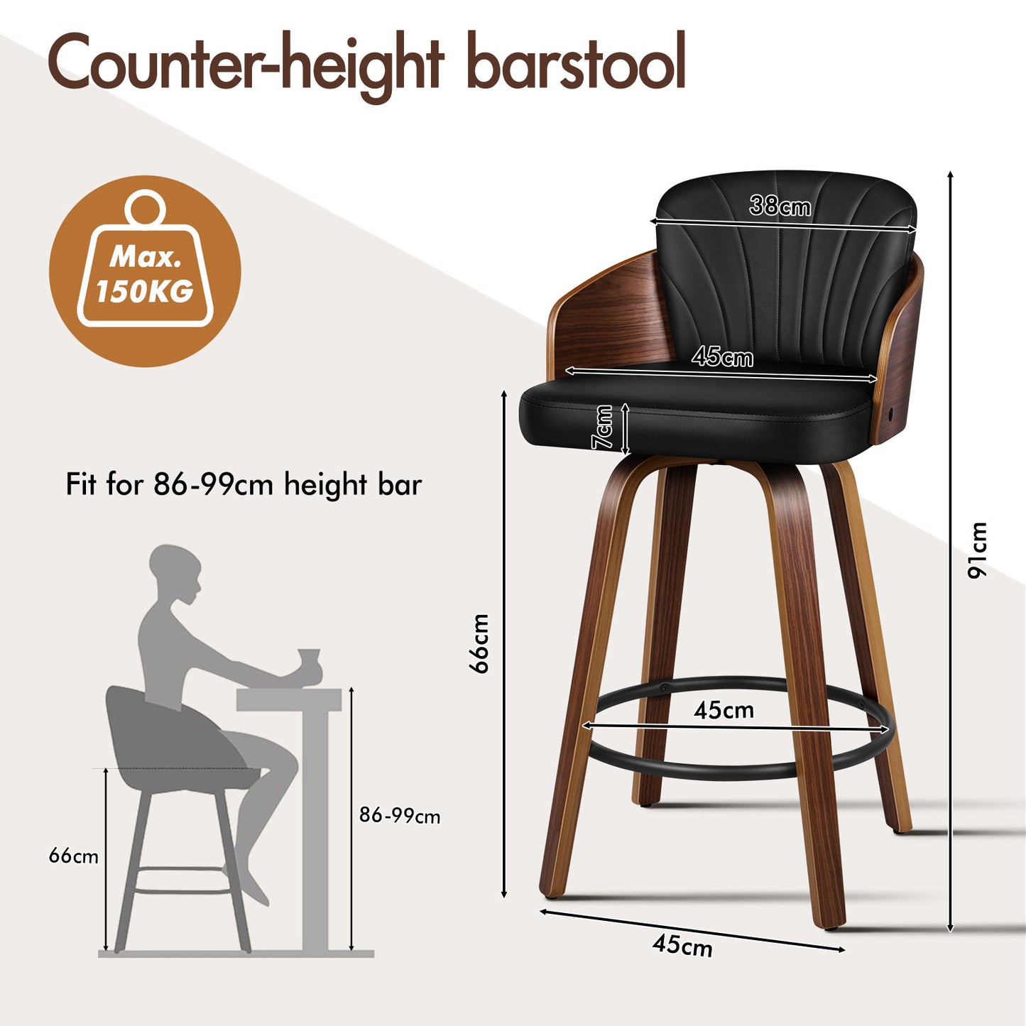 ALFORDSON 2x Swivel Bar Stools Alice Kitchen Wooden Dining Chair Black